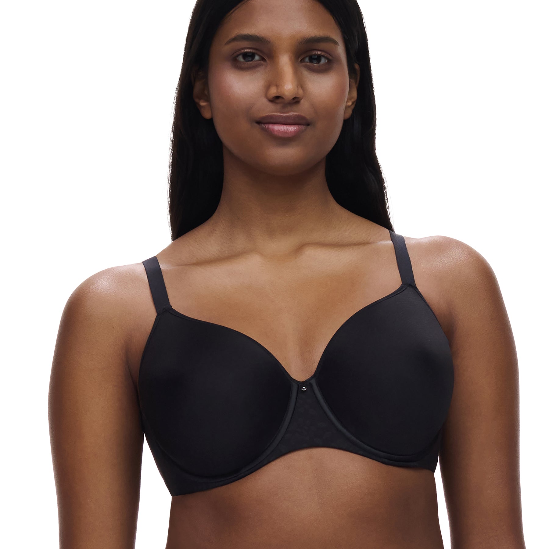 Model wearing Chantelle Comfort Chic black full cup spacer bra, front view highlighting seamless cups and natural shaping