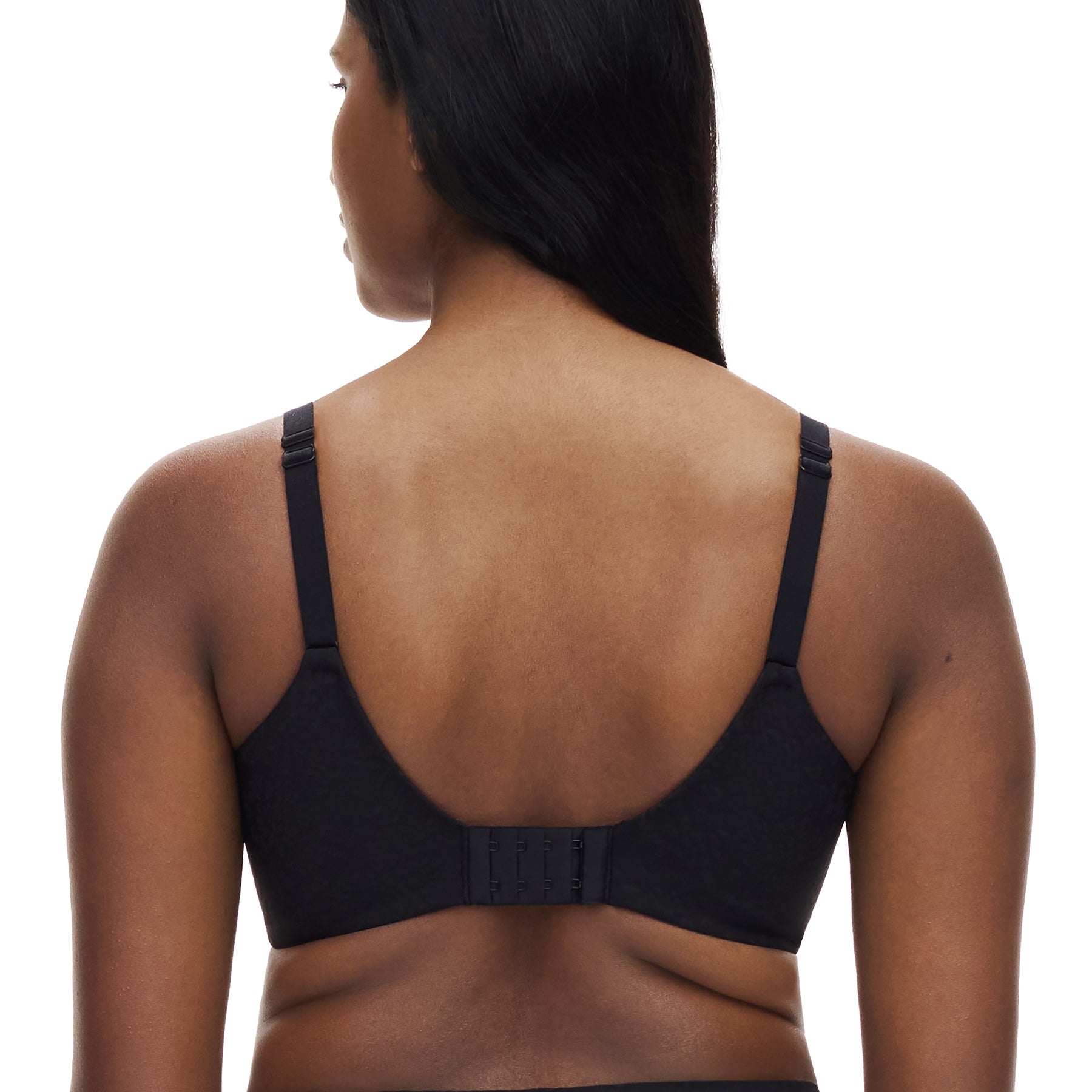 Back view of Chantelle Comfort Chic black full cup spacer bra with adjustable straps and supportive hook-and-eye closure