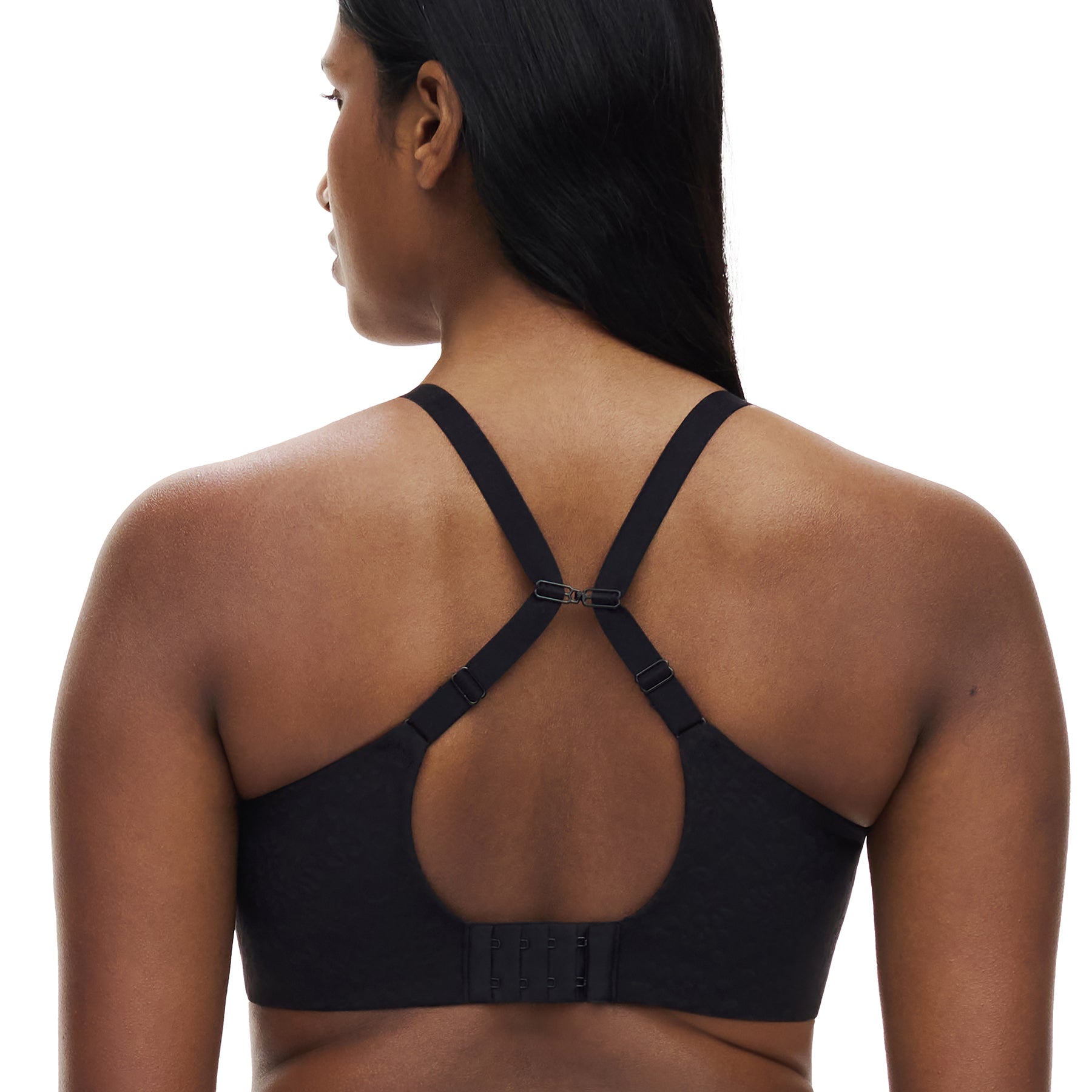 Back view of Chantelle Comfort Chic black spacer bra with racerback strap option for added support and versatility