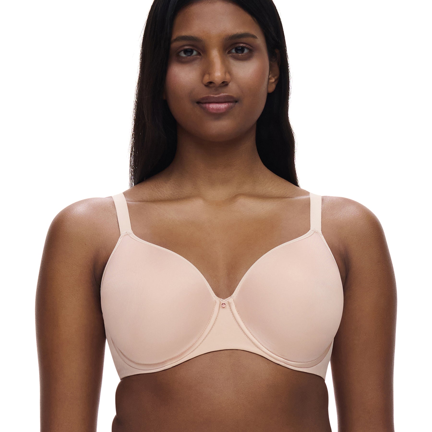 Model wearing Chantelle Comfort Chic nude rose full cup spacer bra, front view showing natural shape and lightweight support