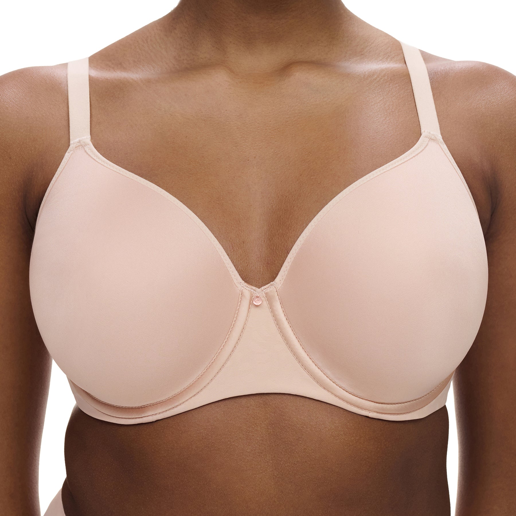Close-up of Chantelle Comfort Chic nude rose molded spacer bra highlighting breathable cups and centre gore detail