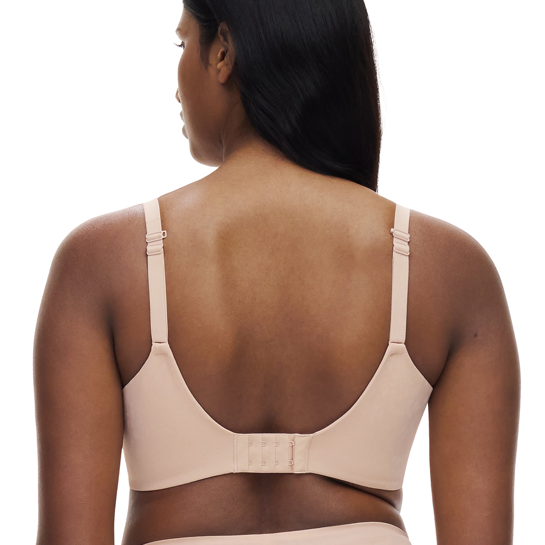 Back view of Chantelle Comfort Chic nude rose full cup spacer bra with adjustable straps and smooth supportive band