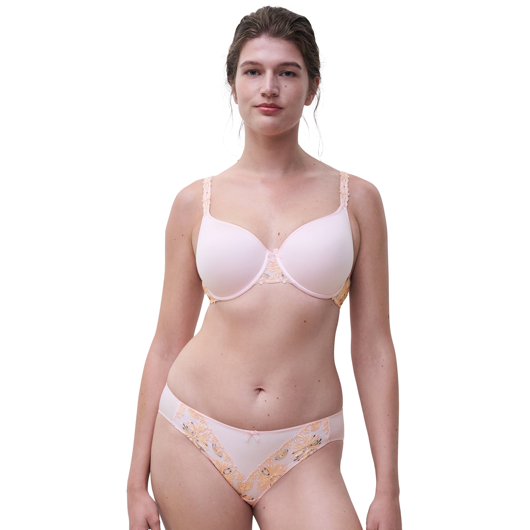 Chantelle C2606 champs elysees full cup spacer bra in nymphea pink. Front view on model shown with matching bikini panty C2603.