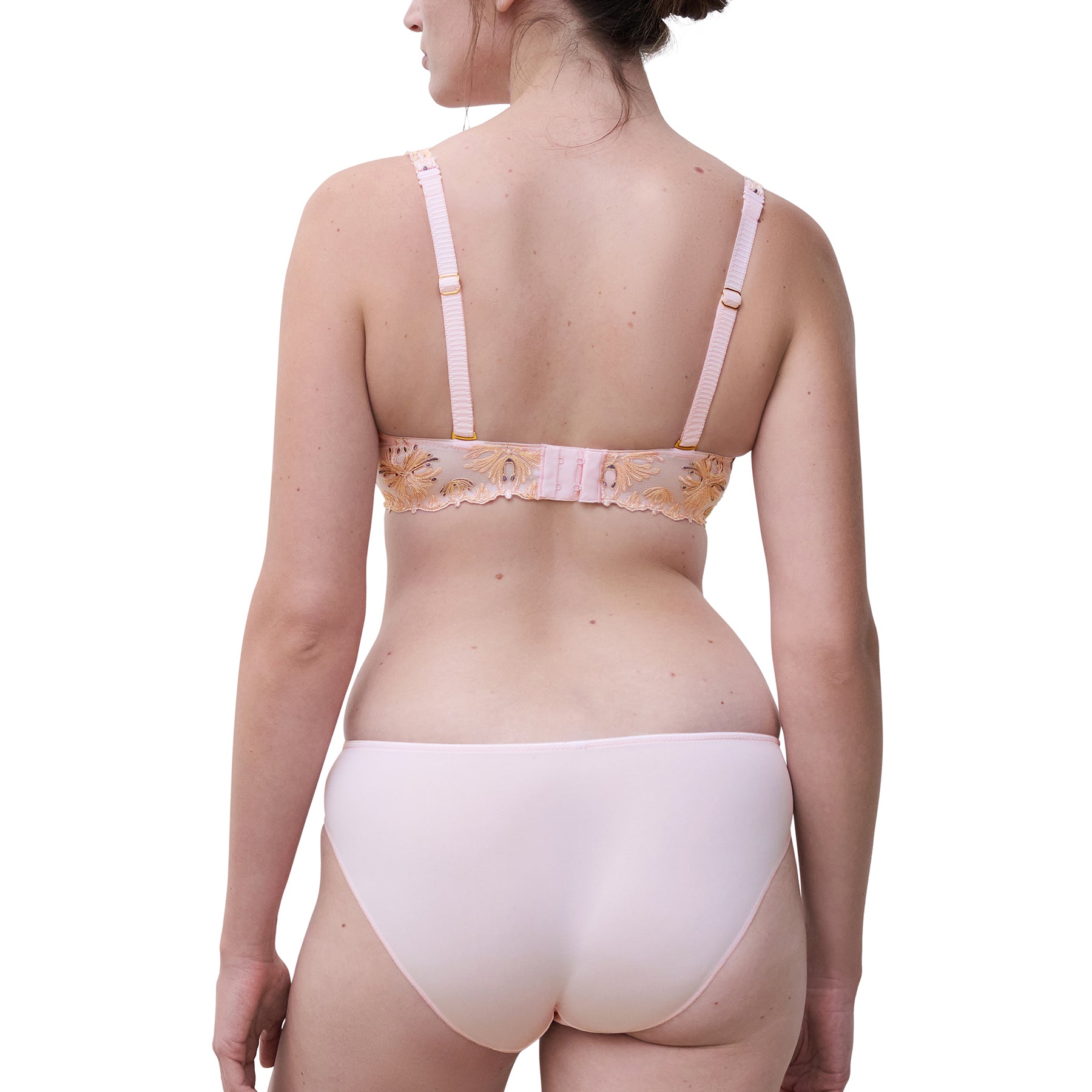 Chantelle C2606 champs elysees full cup spacer bra in nymphea pink. Rear view on model shown with matching bikini panty C2603.