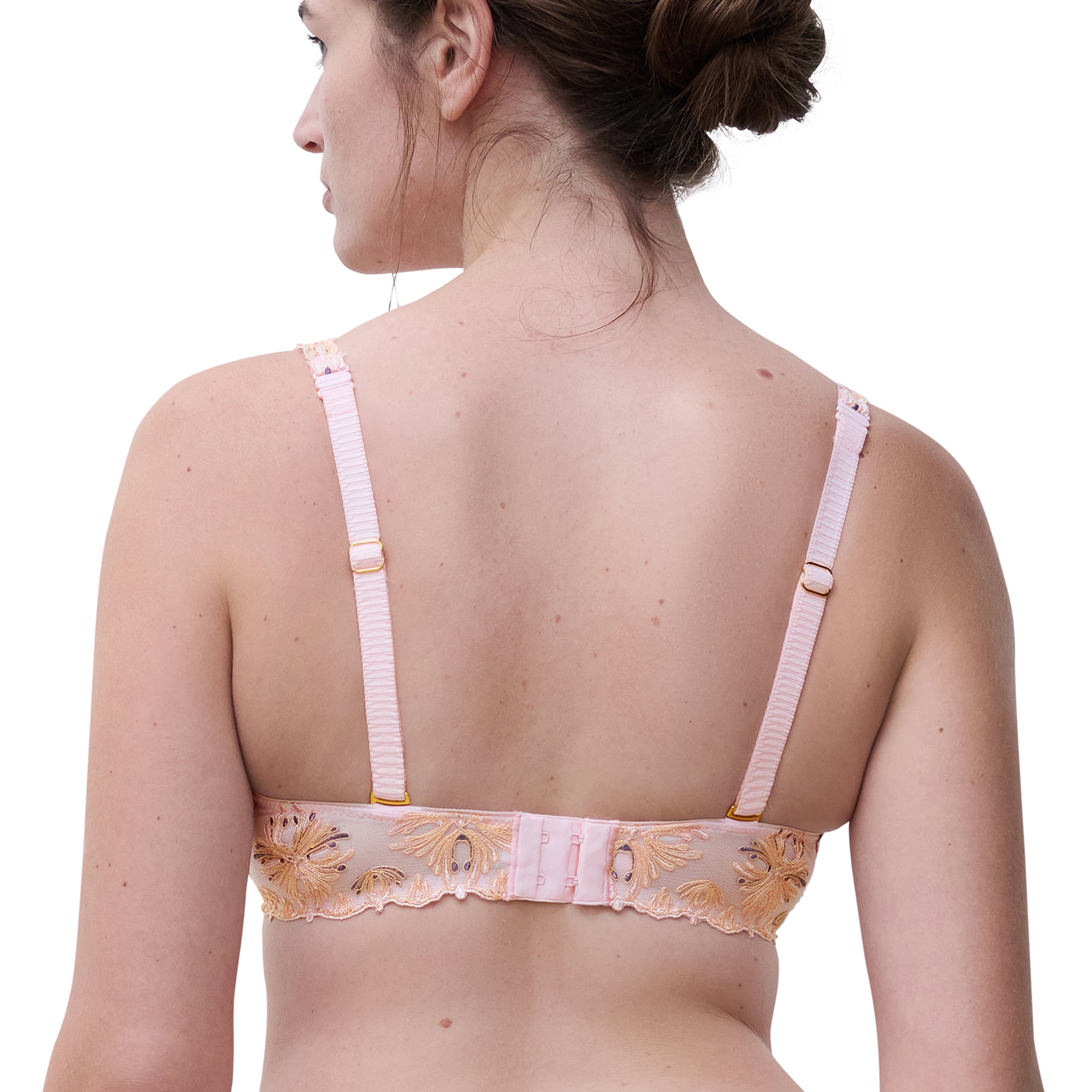 Chantelle C2606 champs elysees full cup spacer bra in nymphea pink. Rear view on model close up.