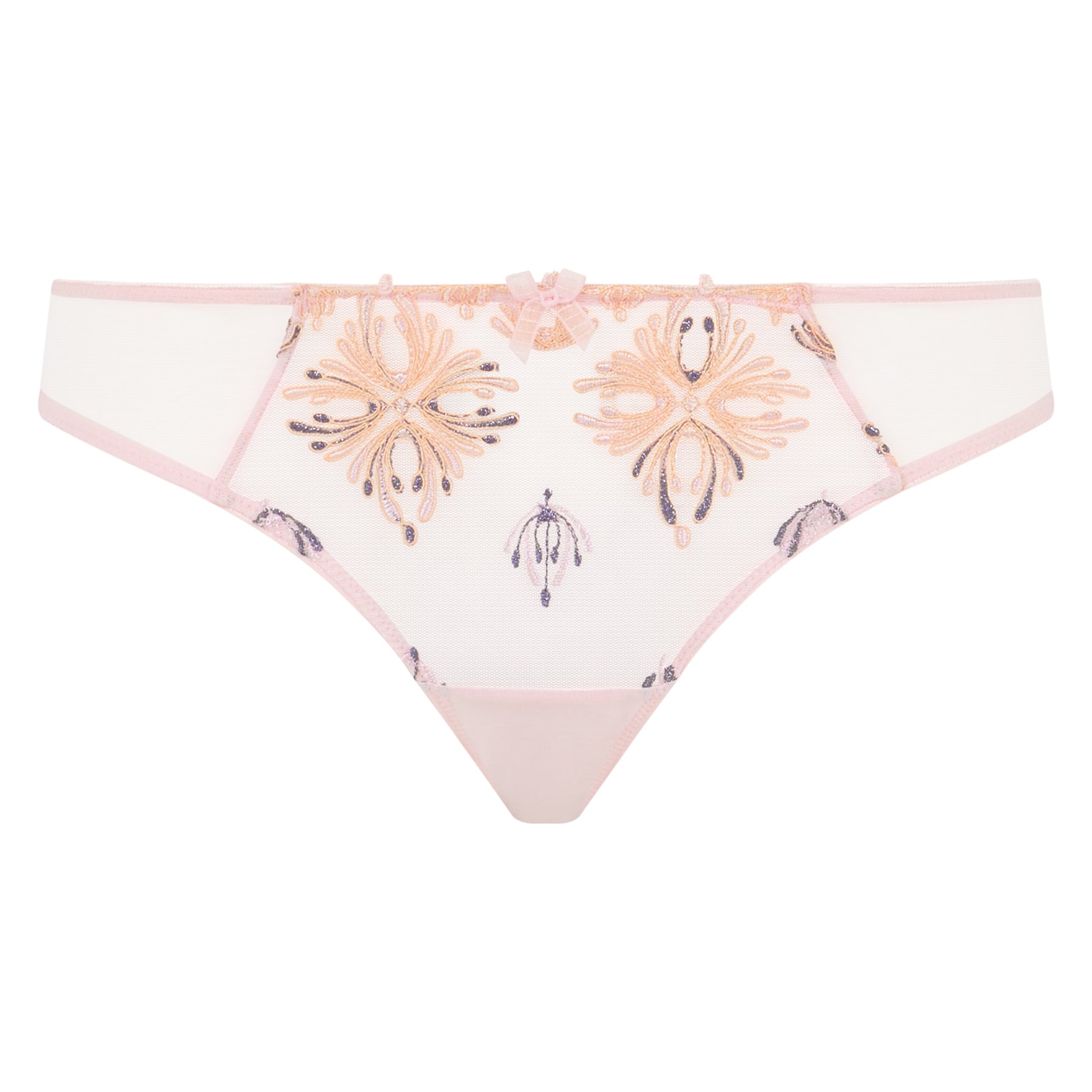 Unlined tulle-embroidered thong in nymphea pink. Front view without model.