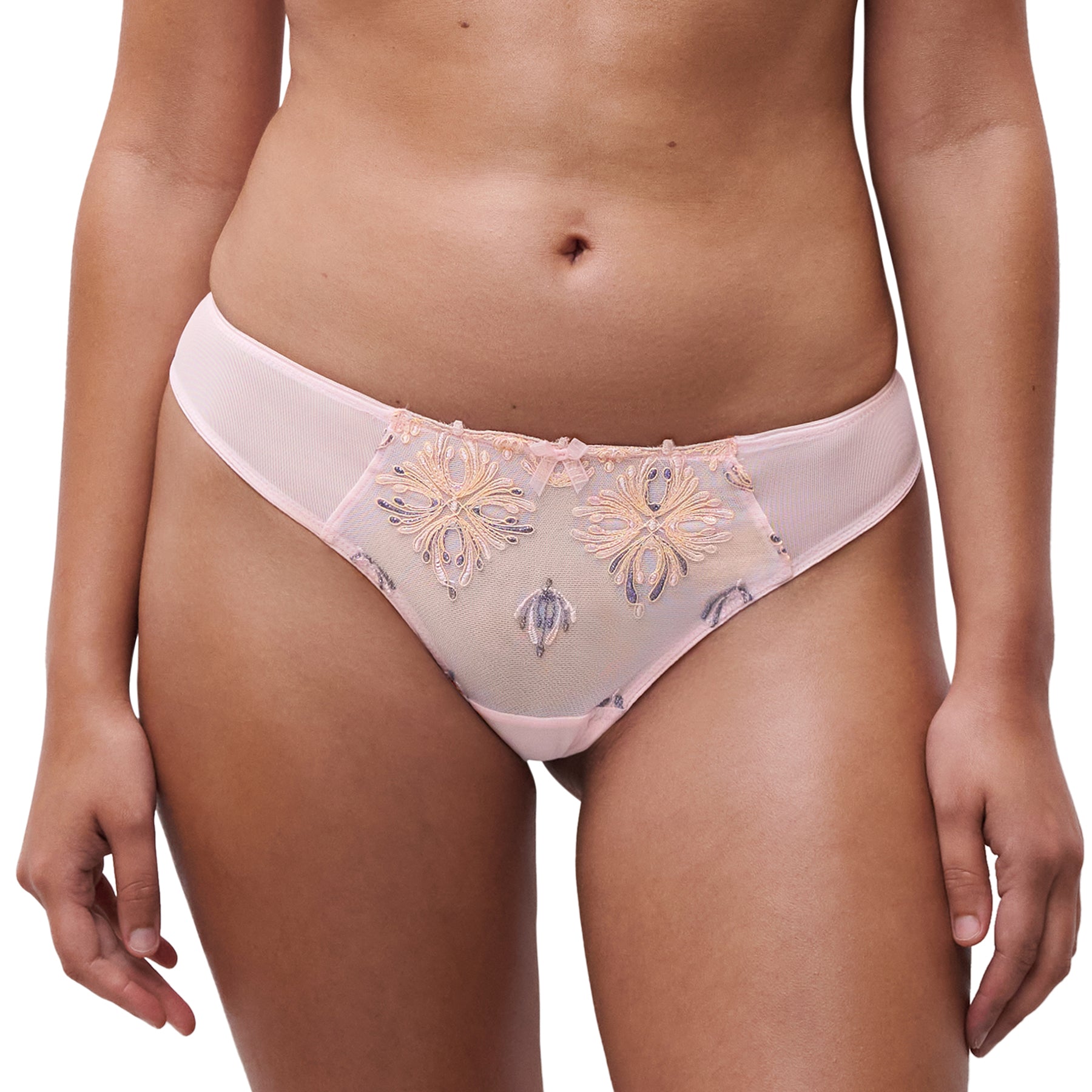 Chantelle C2609 champs elysees unlined tulle-embroidered thong in nymphea pink. Front view close up on model.