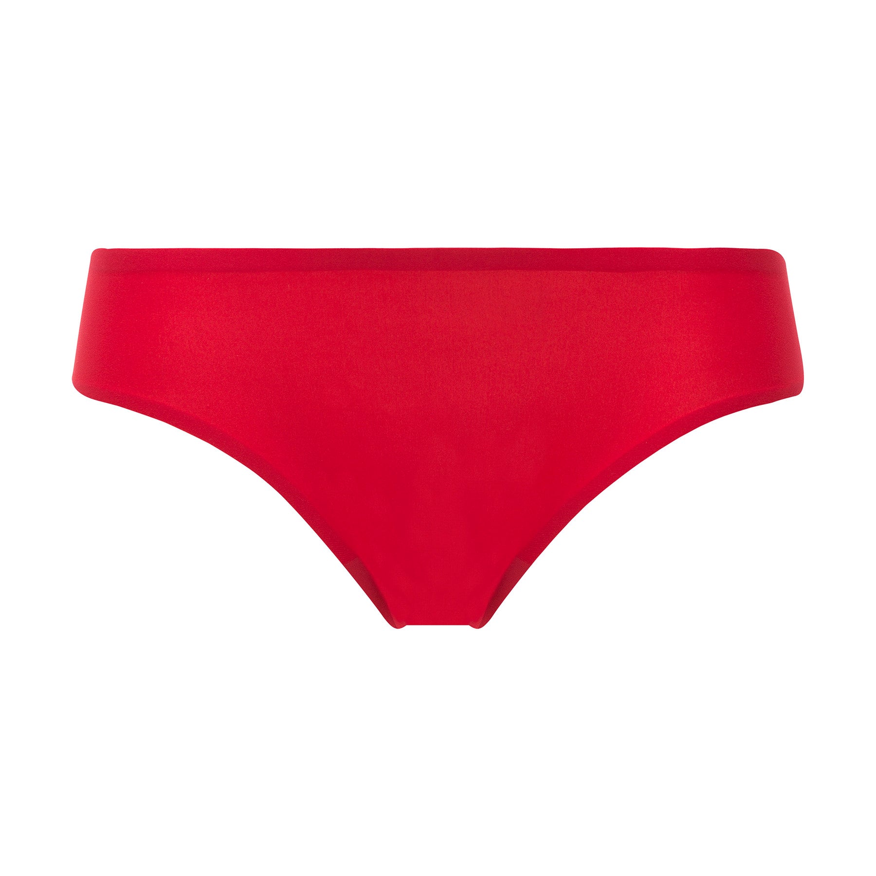 Flat lay of Chantelle Soft Stretch Bikini Panty in Poppy Red – seamless, one-size microfiber bikini in bold red colour.