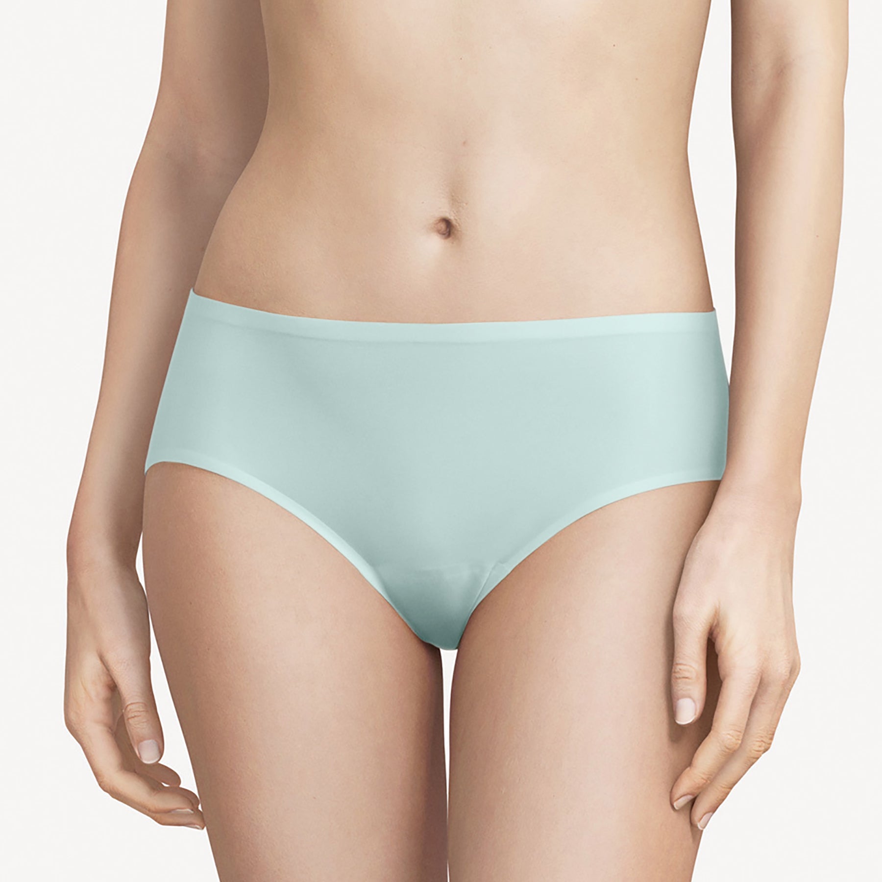 Chantelle SoftStretch hipster panty C2644 in mint green blue called atoll 073. Front view close up on model.