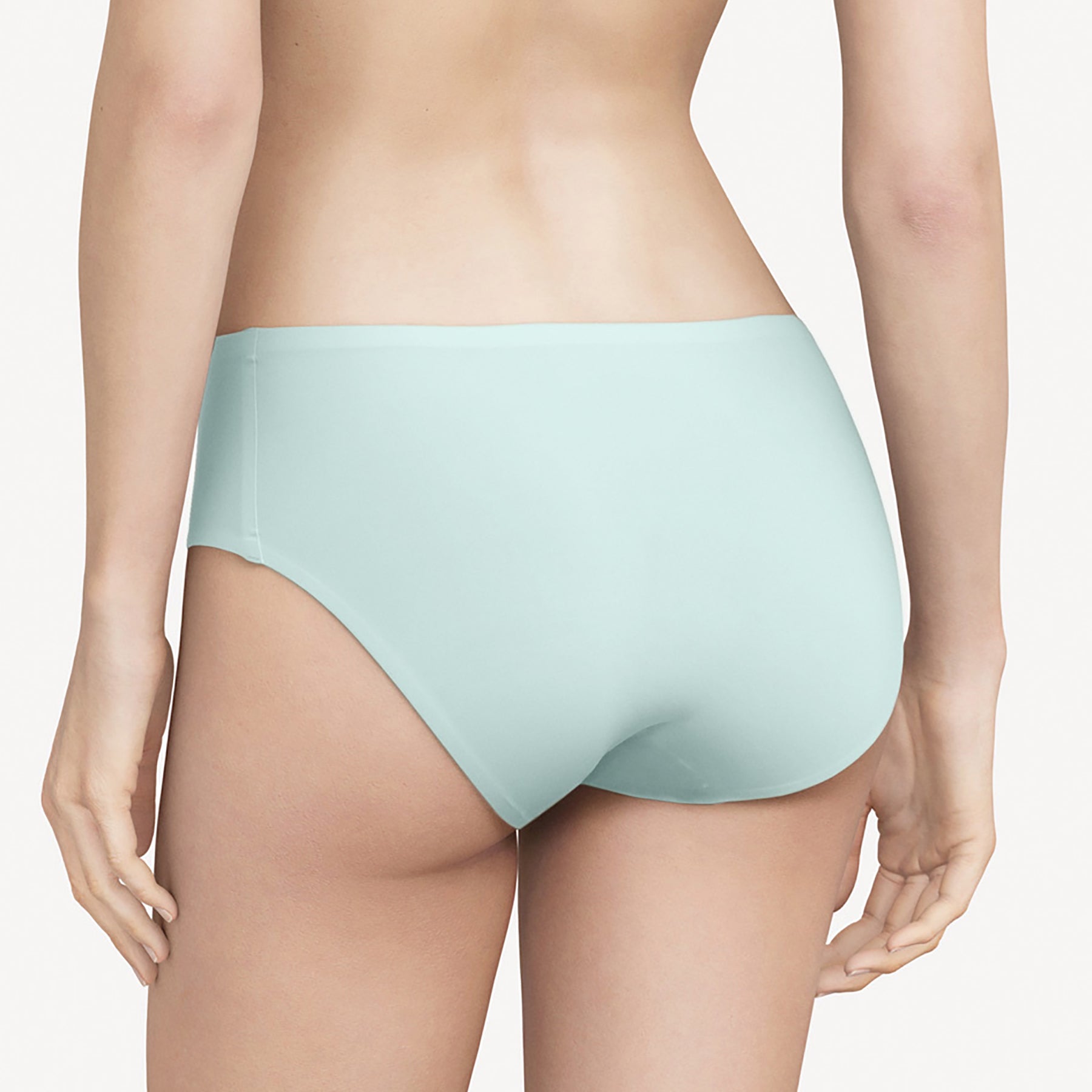 Chantelle SoftStretch hipster panty C2644 in mint green blue called atoll 073. Rear view close up on model.