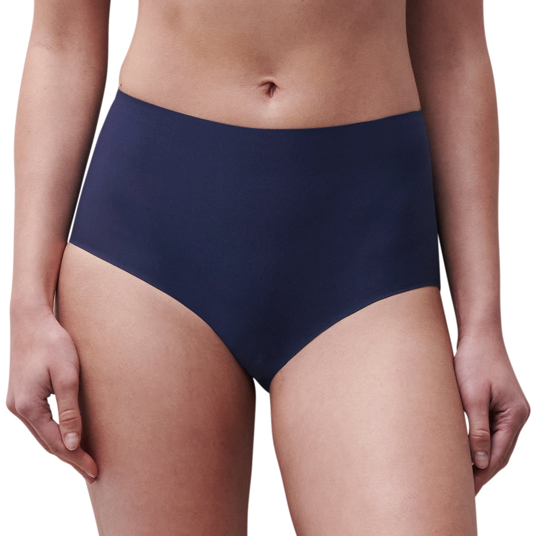 Front view of Chantelle Soft Stretch Full Brief in marine blue on model with high-rise fit