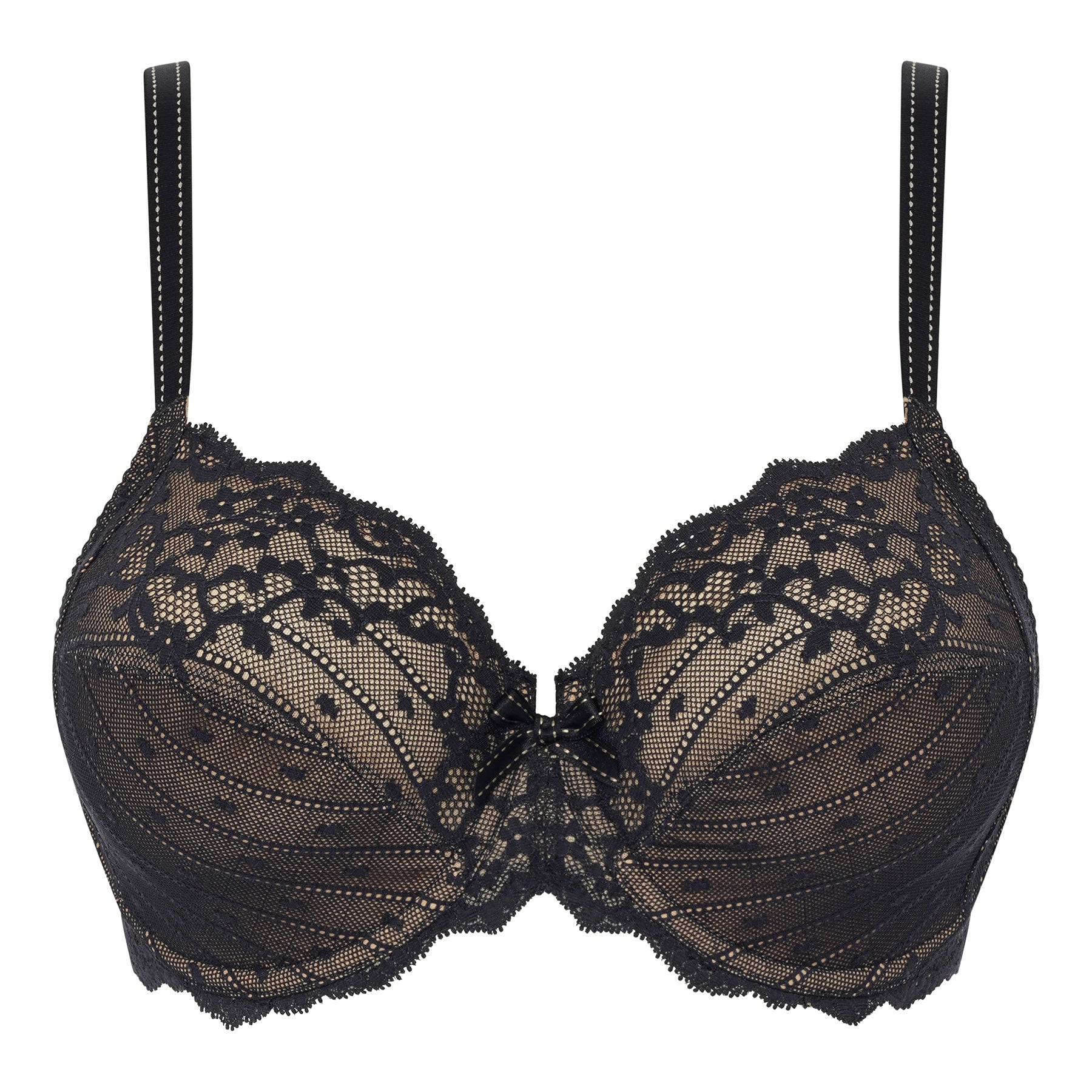 Front view of Chantelle Rive Gauche 3-part full cup bra in black showcasing sheer lace cups, underwire support, and elegant everyday fit