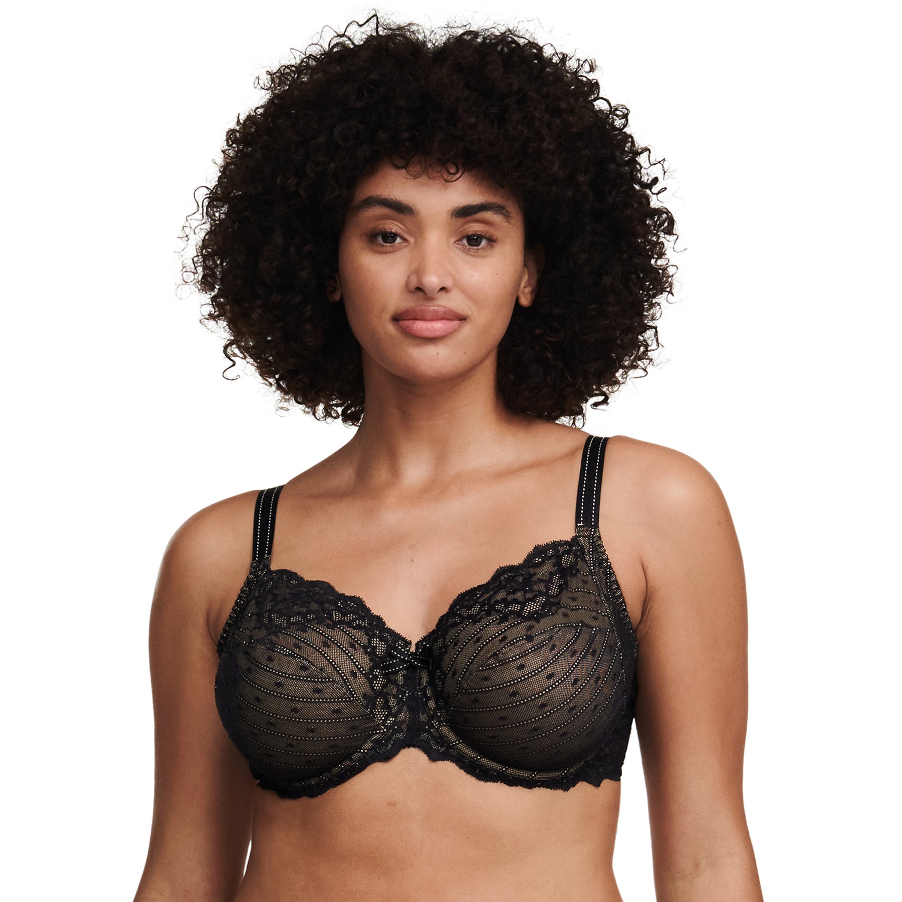 Front angled view of Chantelle Rive Gauche 3-part full cup bra in black with embroidered lace, supportive full coverage cups, and bow detail
