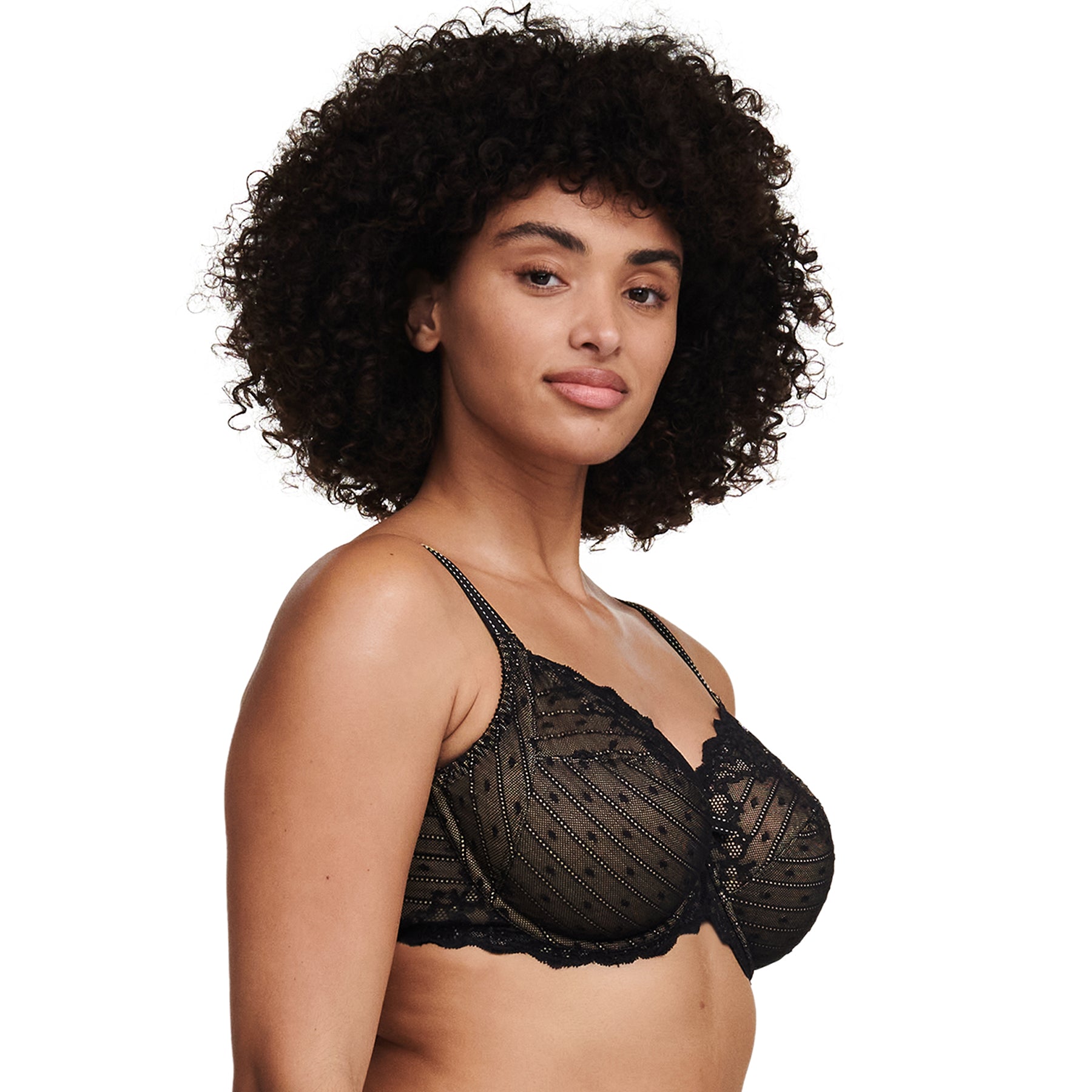 Side view of Chantelle Rive Gauche full cup bra in black featuring intricate lace cups, flattering three-part seaming, and supportive underwire lift