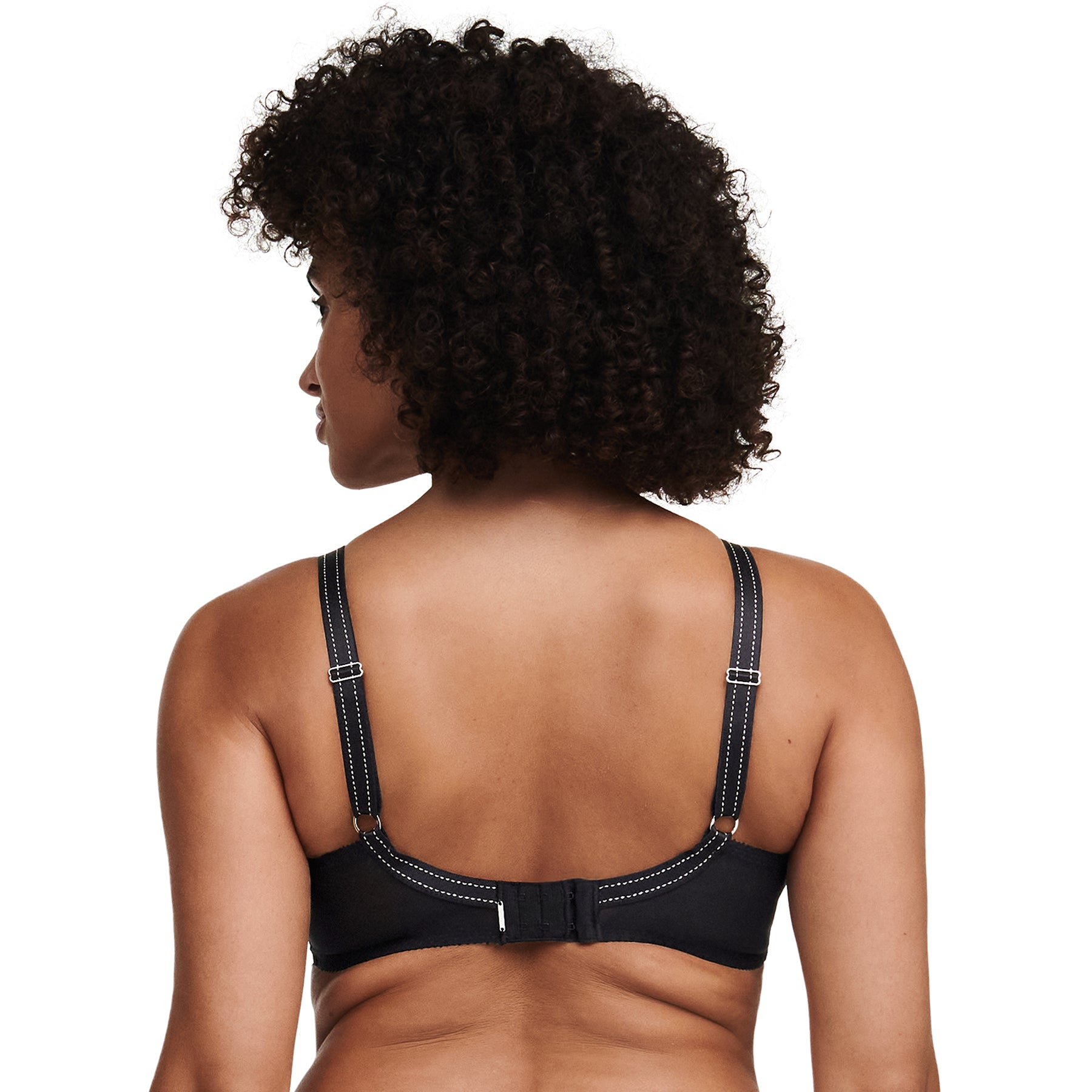 Back view of Chantelle Rive Gauche full cup bra in black with U-shaped leotard back, adjustable straps, and smoothing support panel