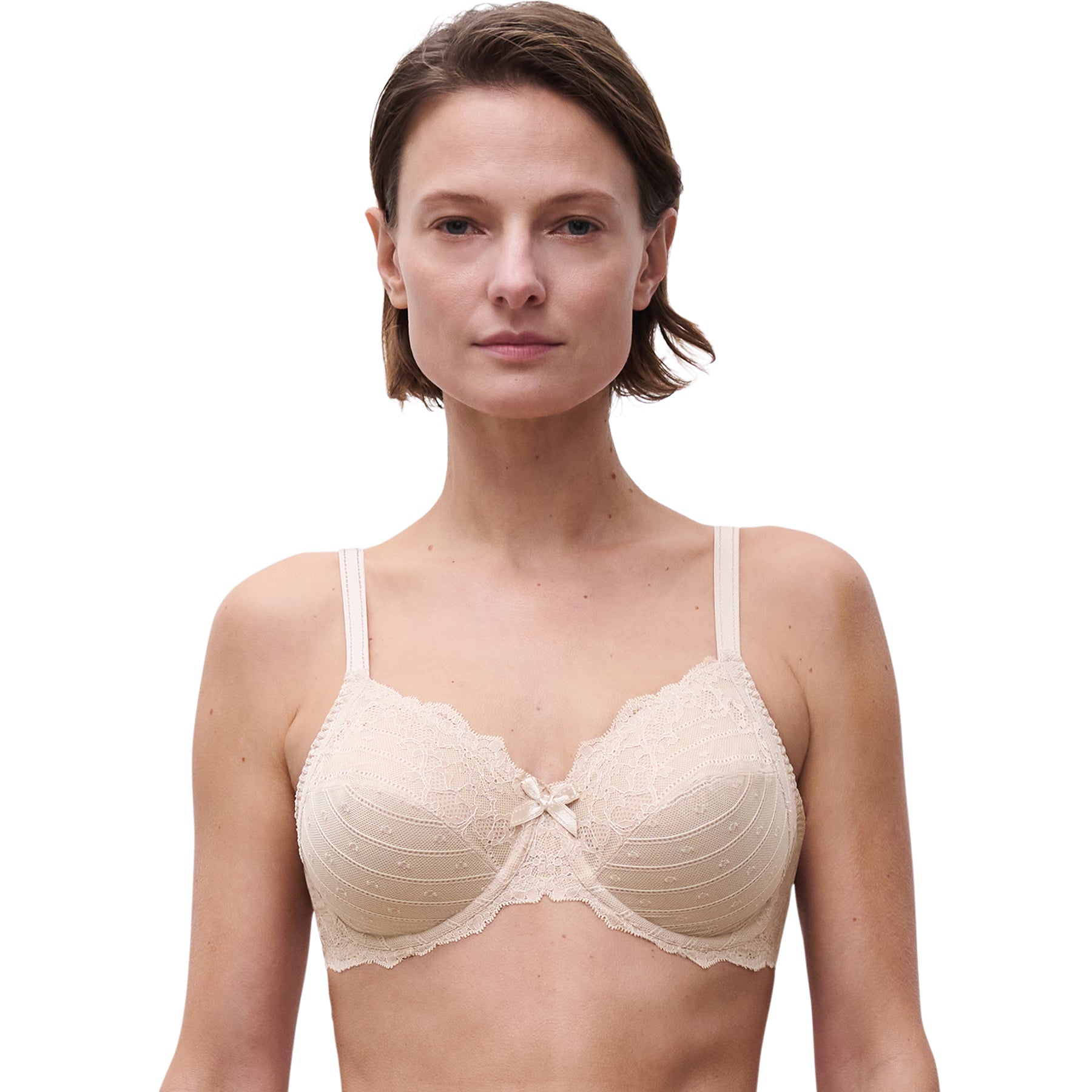 Front view close-up of Chantelle Rive Gauche 3-part full cup bra in rose petal nude highlighting feminine lace, supportive underwire, and centre bow detail