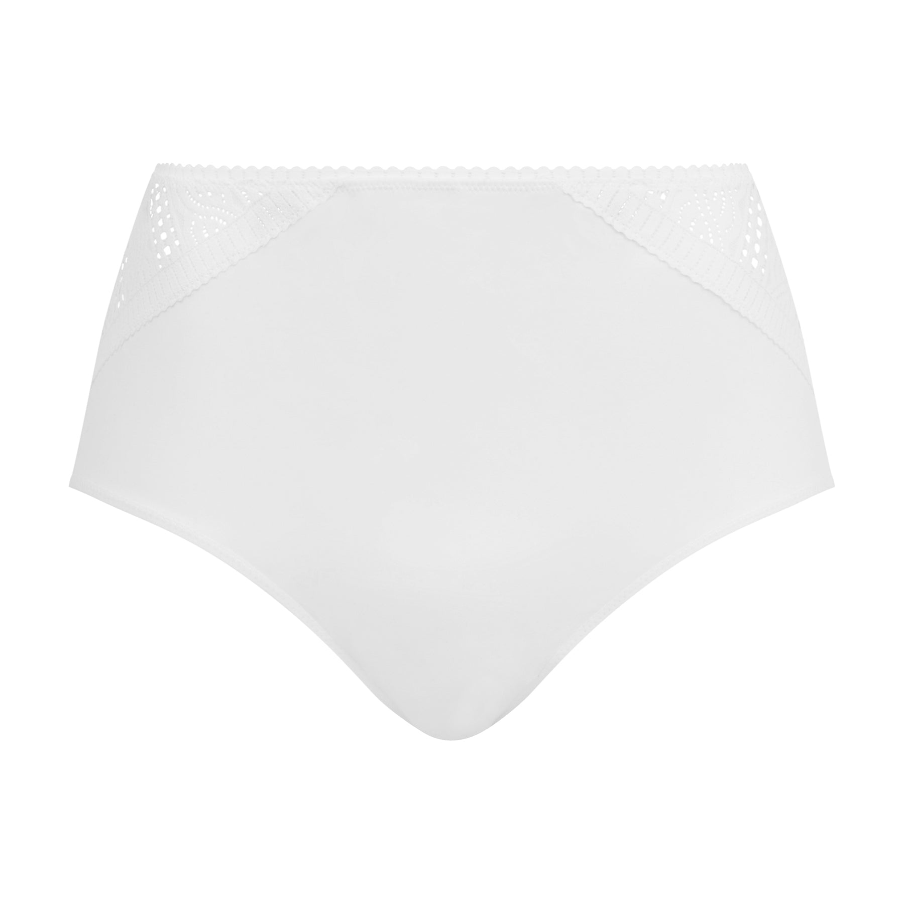 High waist full brief in white with knit front panels at hips. Front view without model.