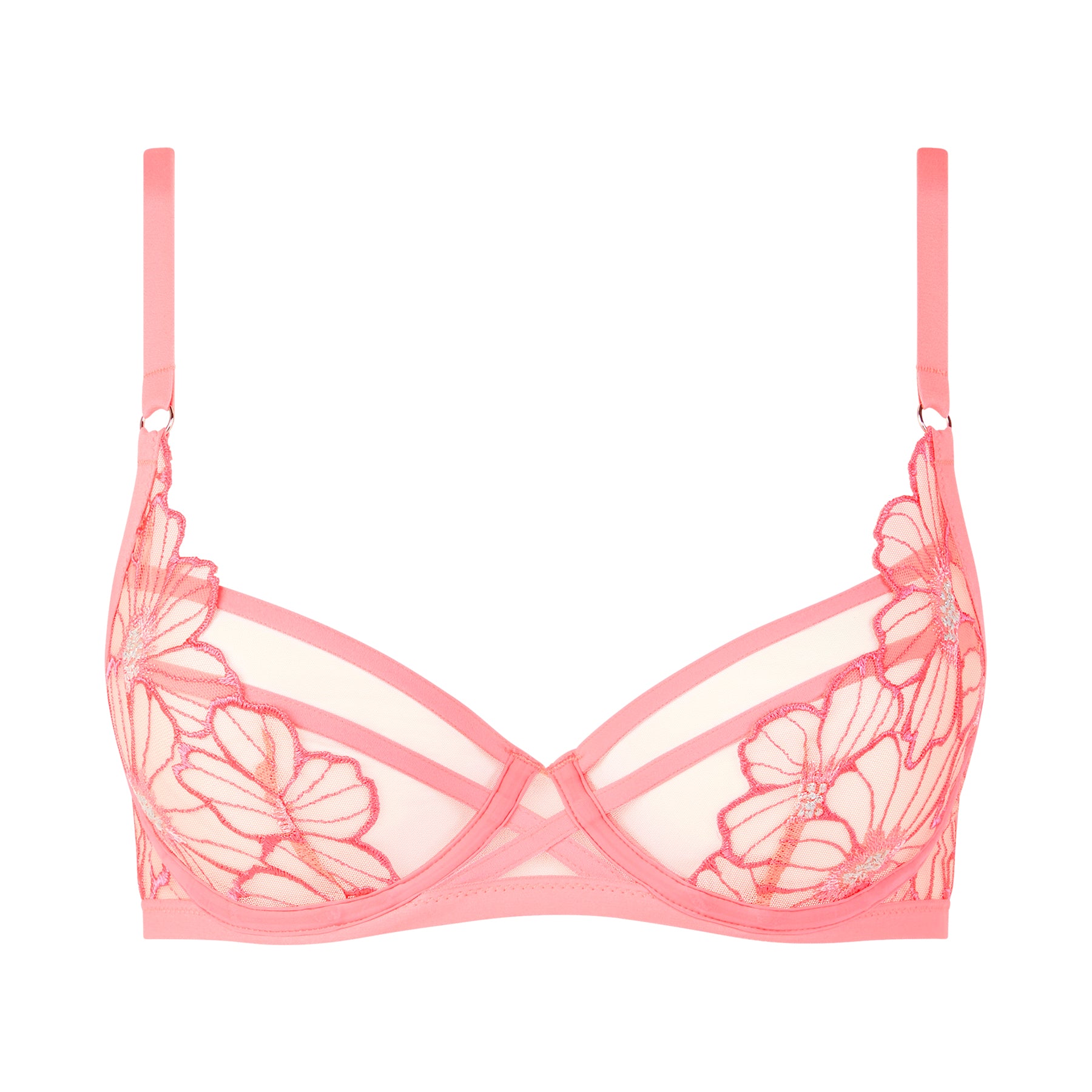 Full cup unlined bra in rose miami bubblegum pink in sheer tulle with daisy embroidery. Front view without model.