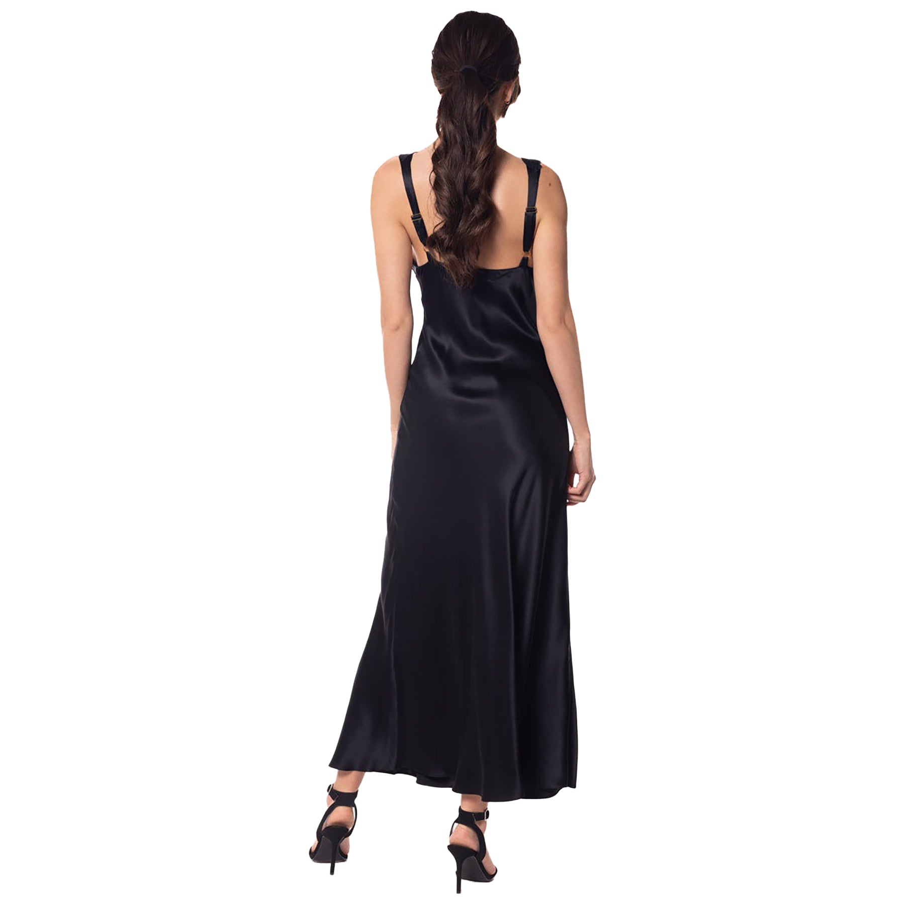 Long silk gown in kohl black with lace v-neck bodice. Rear view on model.