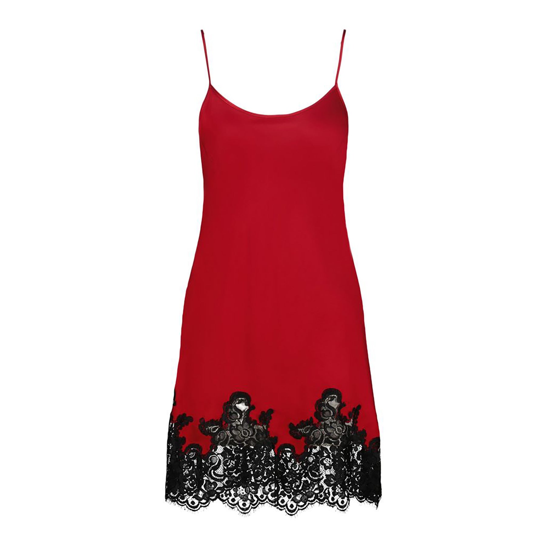 COEMI Evelora red satin chemise with delicate black lace hem – studio flat lay front view