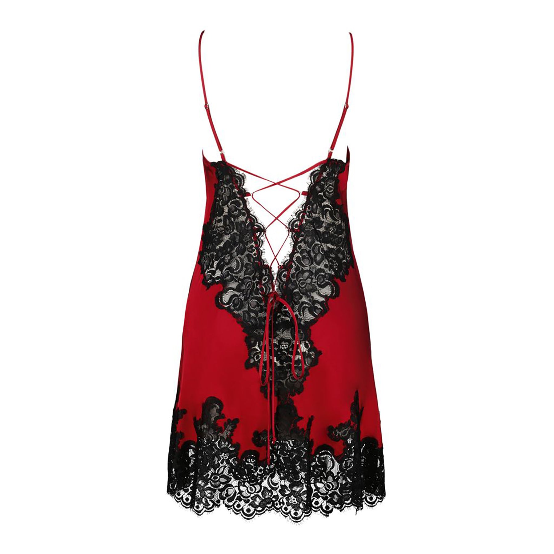 COEMI Evelora chemise in red satin with black lace hem – studio flat lay back view