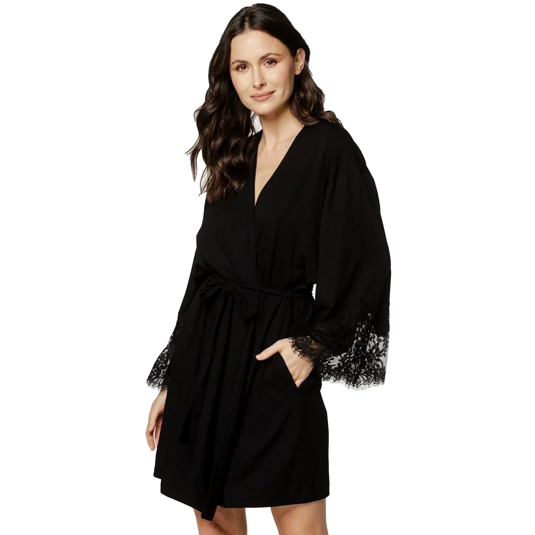 coemi giulia short wrap robe black front view with lace bell sleeves and waist tie