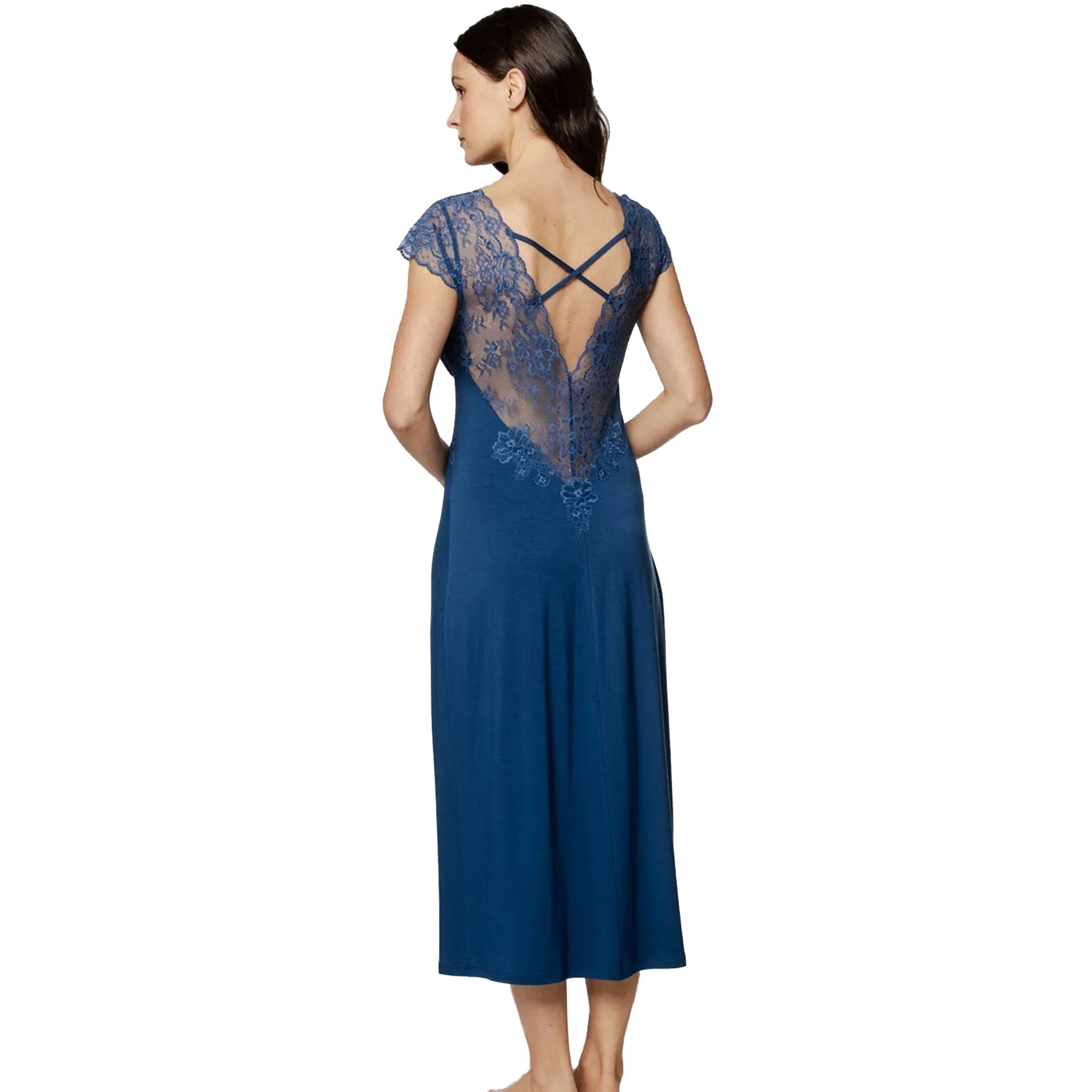 COEMI Seraphine Blue Jeans gown – back view with sheer floral lace panel, crisscross straps, and flowing mid-length skirt.