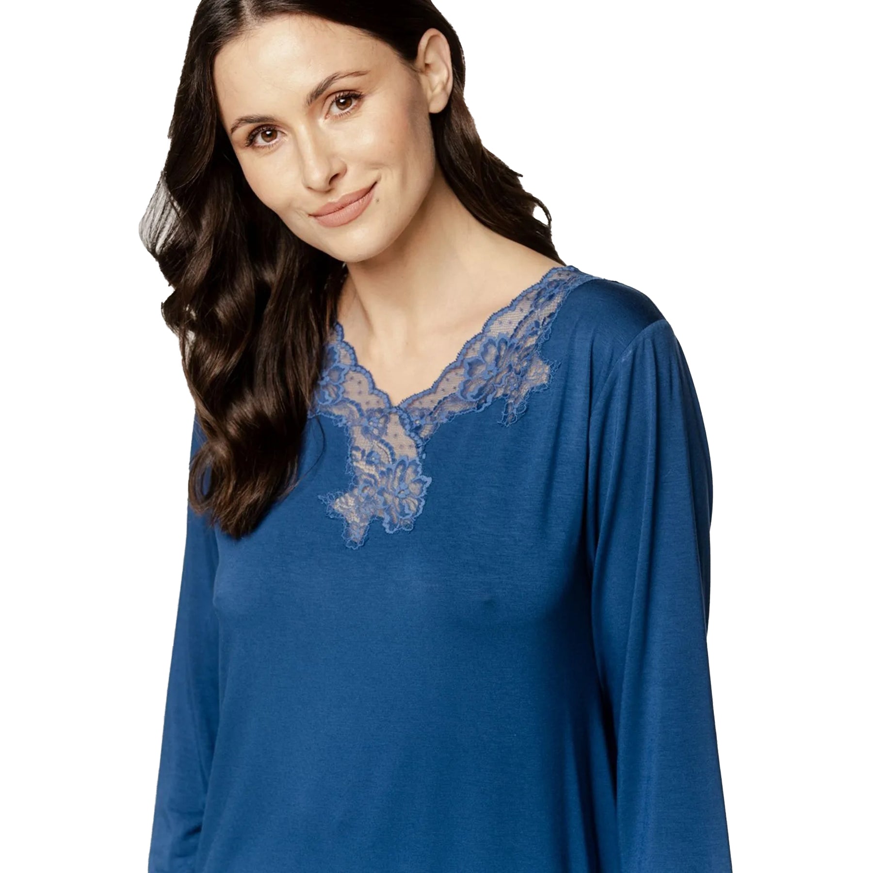 Close-up of Coemi Seraphine chemise in Blue Jeans showing feminine lace neckline with delicate floral scalloping.