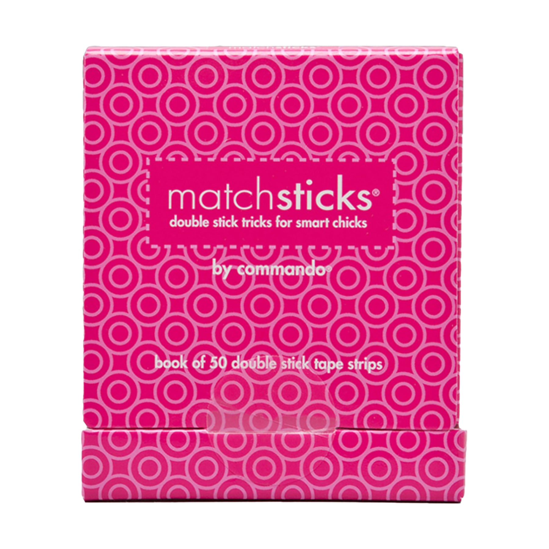 Commando Matchsticks book of 50 double stick fashion tape strips in bright pink packaging, front view