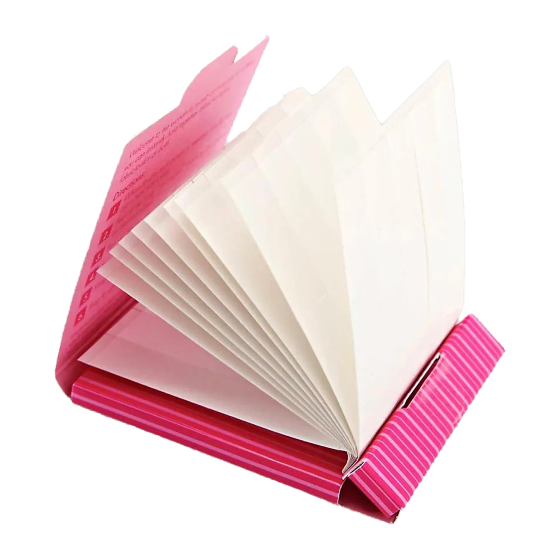 Open Commando Matchsticks booklet revealing individual clear double stick tape strips inside portable pink holder