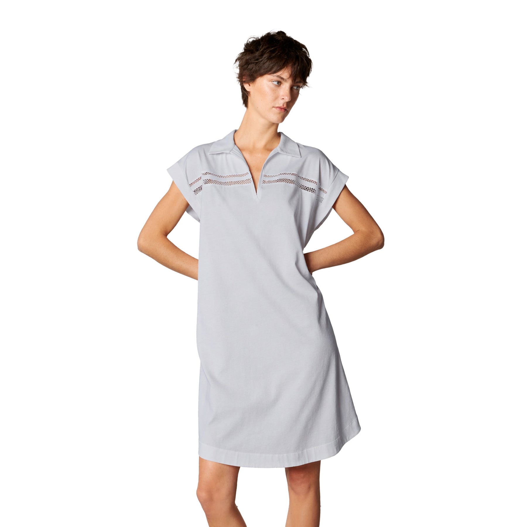 Light grey short-sleeve nightdress with open collar and lace panel detail across the chest, relaxed fit on model