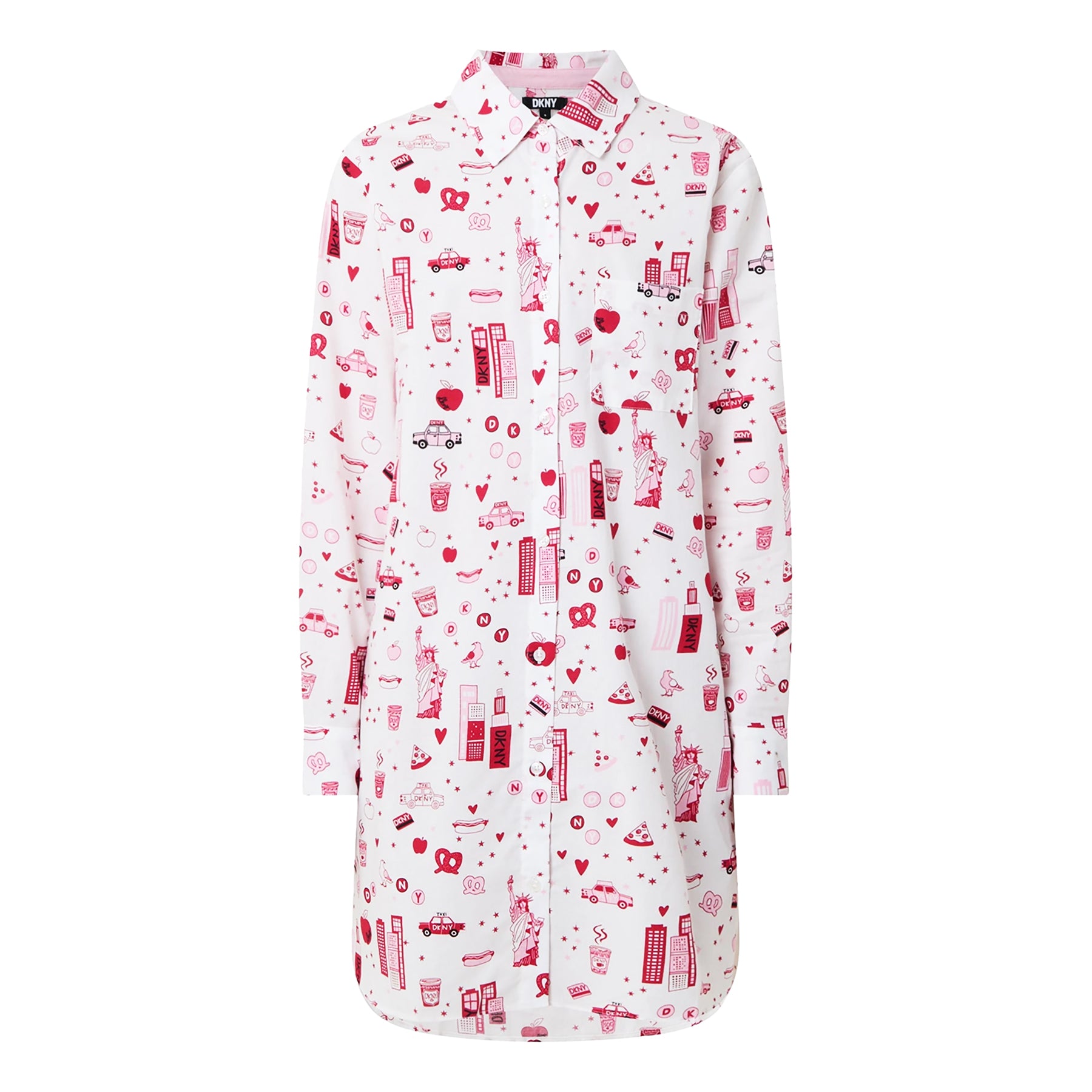 Long sleeve collared button up sleepshirt printed with new york city items in red and pink on a white background. Front view without model.