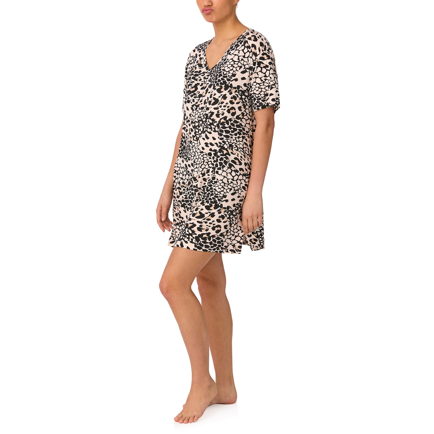 Side view of DKNY V-neck 34-inch sleepshirt in beige animal print