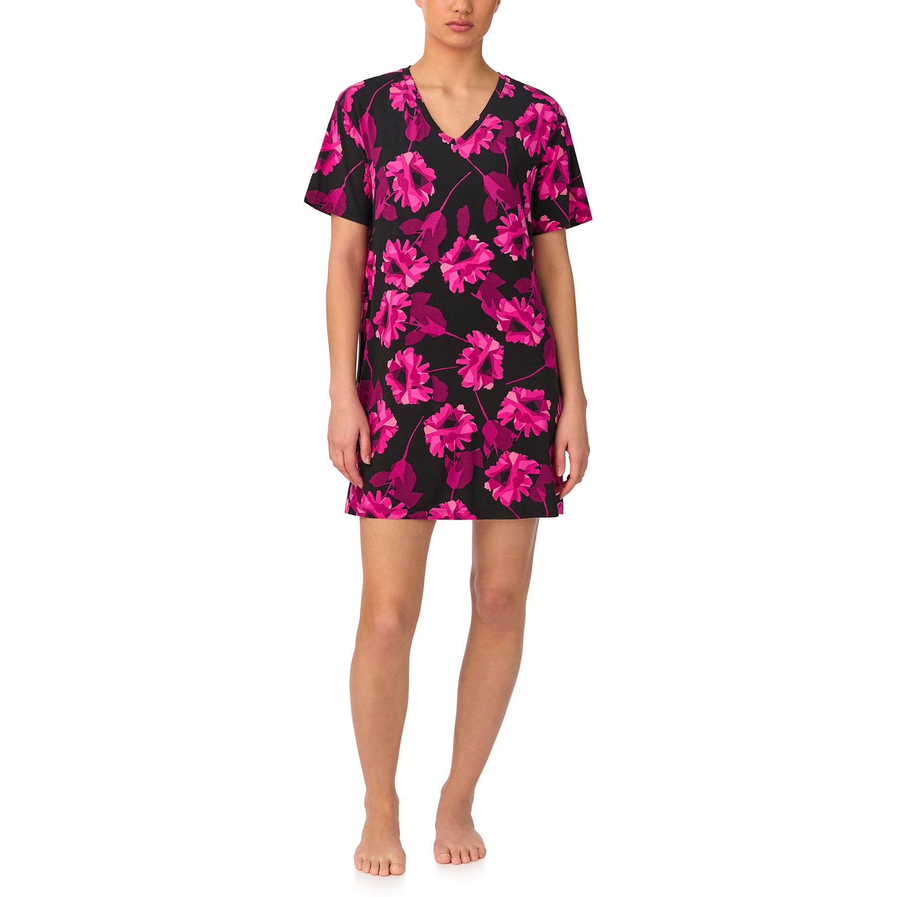 Front view of DKNY short sleeve V-neck sleepshirt in black with pink peony floral print