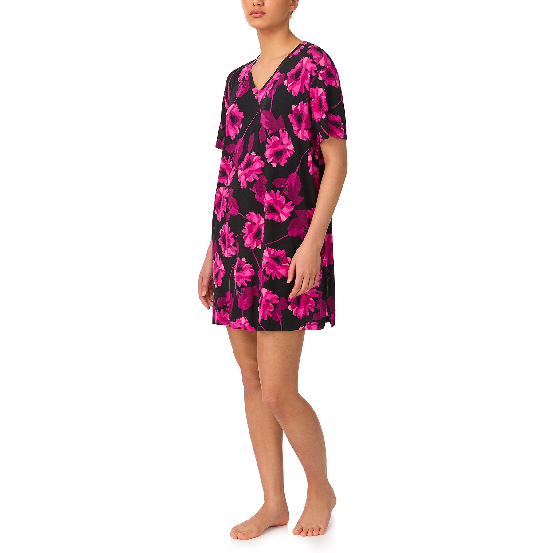 Side view of DKNY V-neck 34-inch sleepshirt in black and magenta floral print