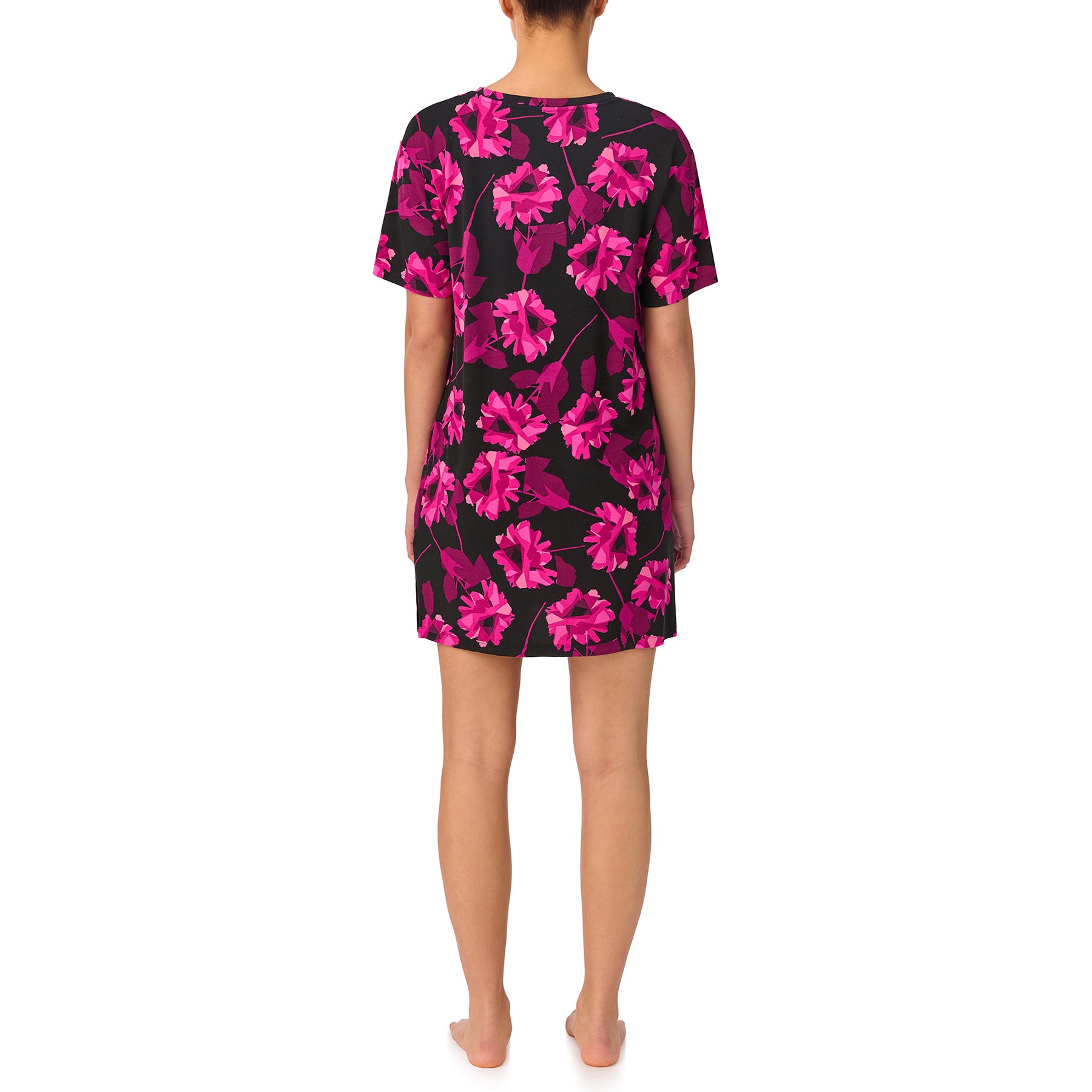 Back view of DKNY peony print sleepshirt in black and pink