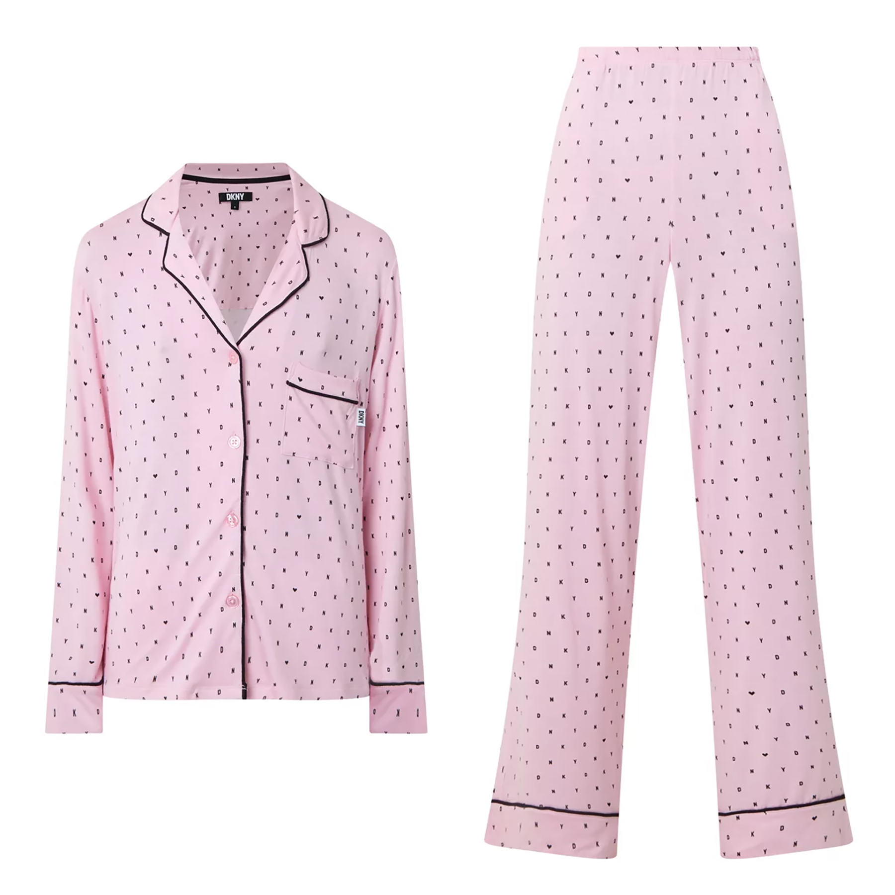 Classic button up 2-piece pyjama set in DKNY black mini logo and heart print on baby pink background. Front view without model.