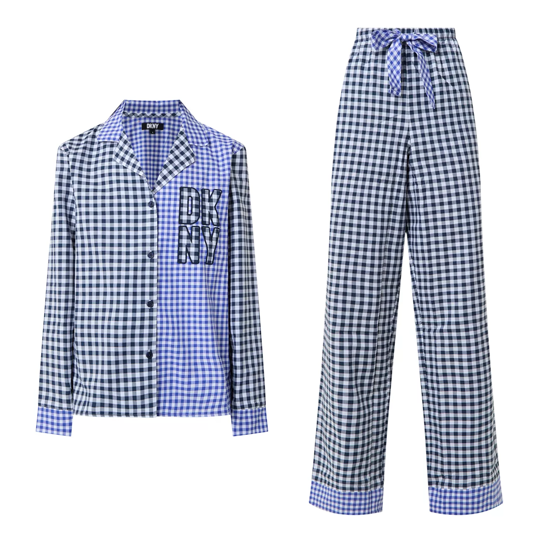 Classic 2-piece button up pyjama set in blue and black checkered gingham print. Front view without model.