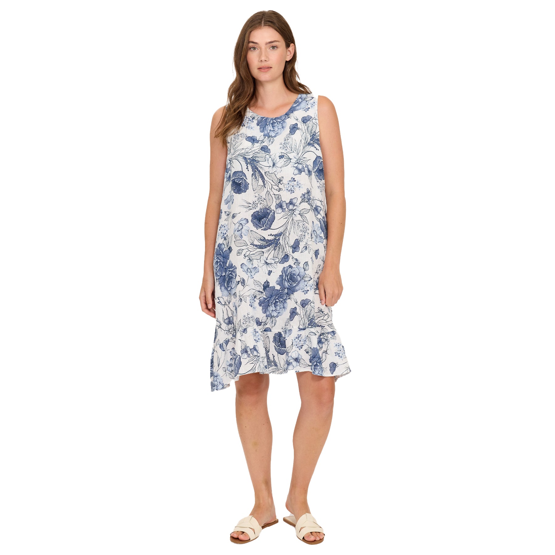 Blue and white floral sleeveless dress on a model, featuring a soft A-line silhouette with a delicate botanical print and a gently flared hem for an airy, feminine look.