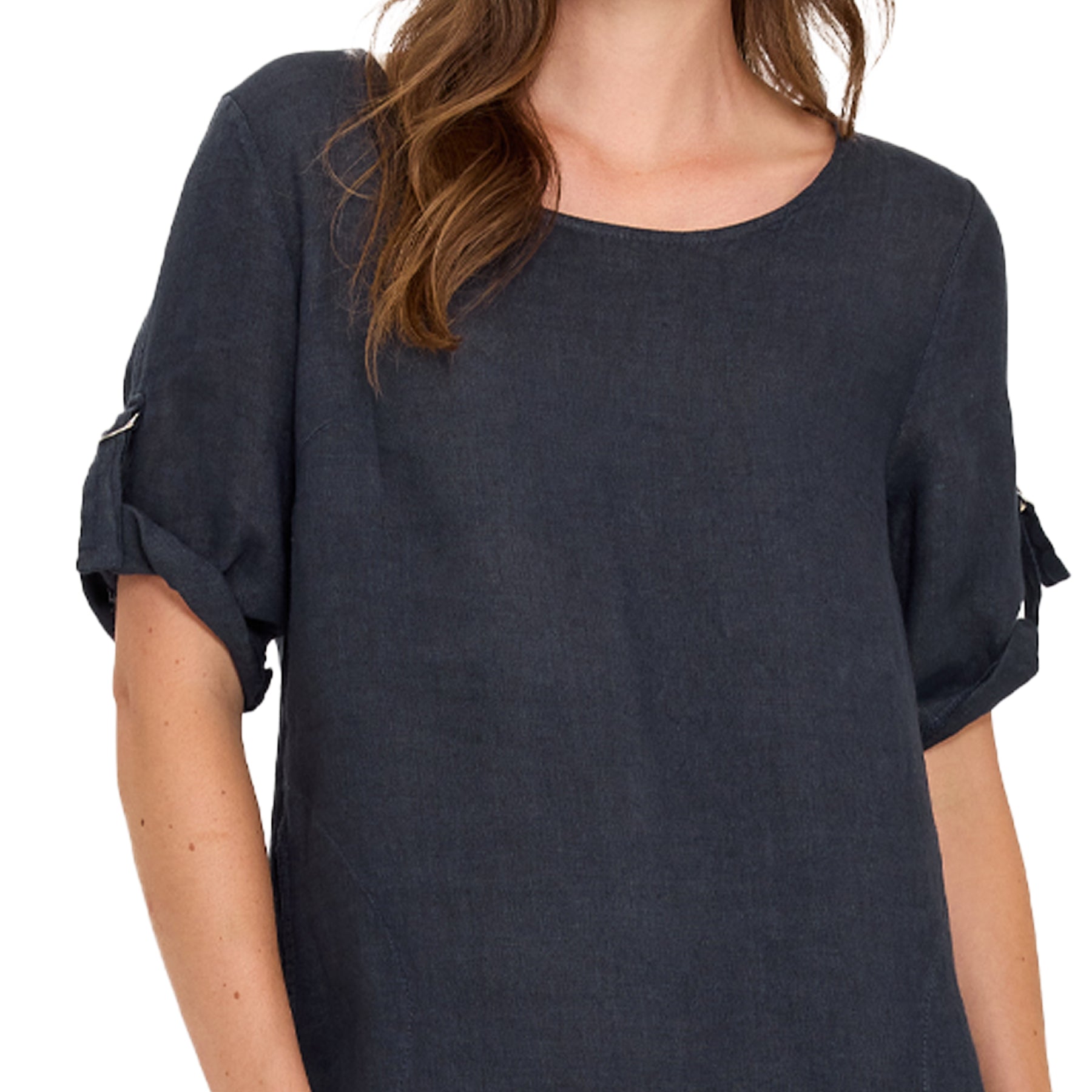 Dark blue t-shirt worn by a person on a white background