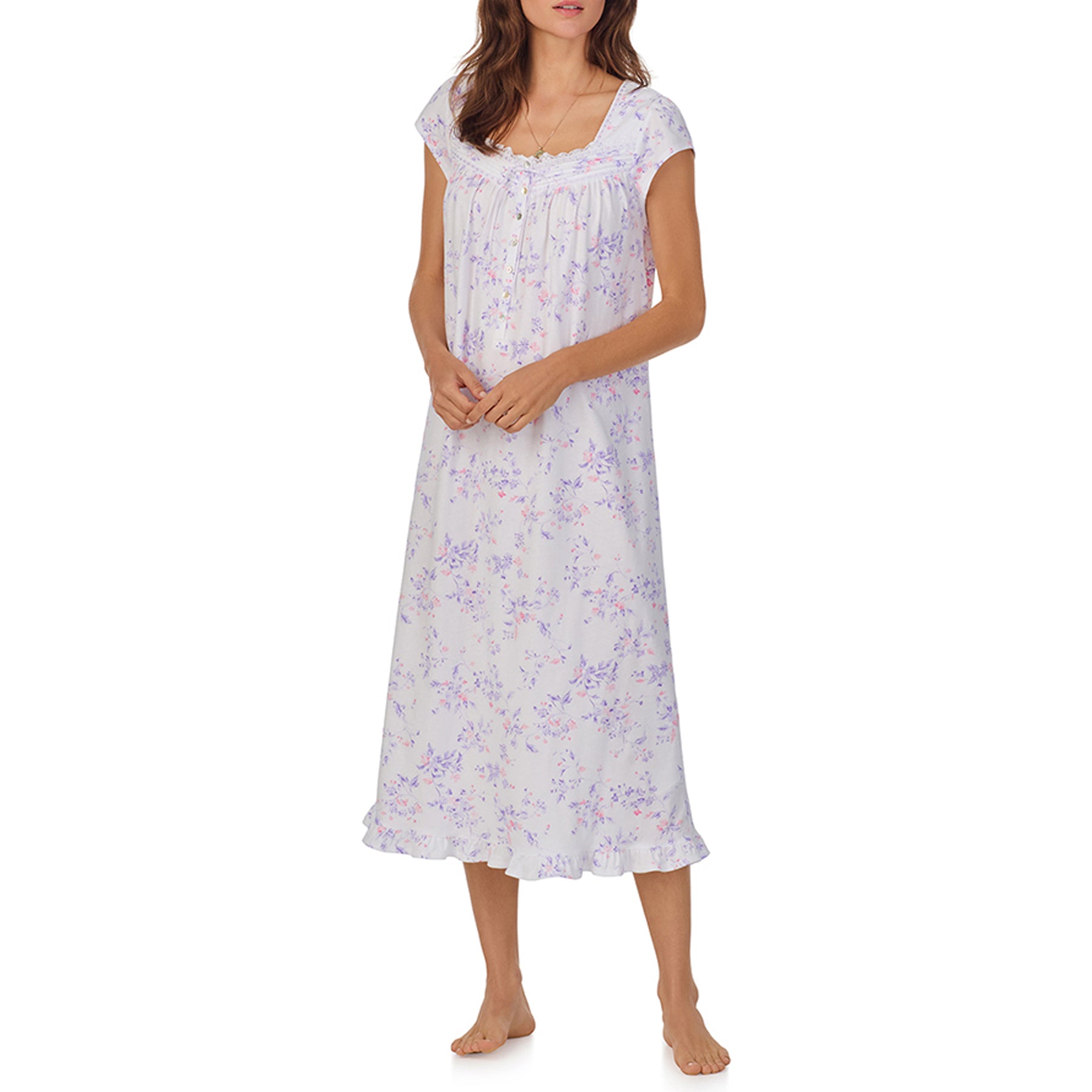 Front View (close-up) of a women's floral nightgown in a white and lilac floral print, showcasing intricate lace trim, button detailing, and cap sleeves.