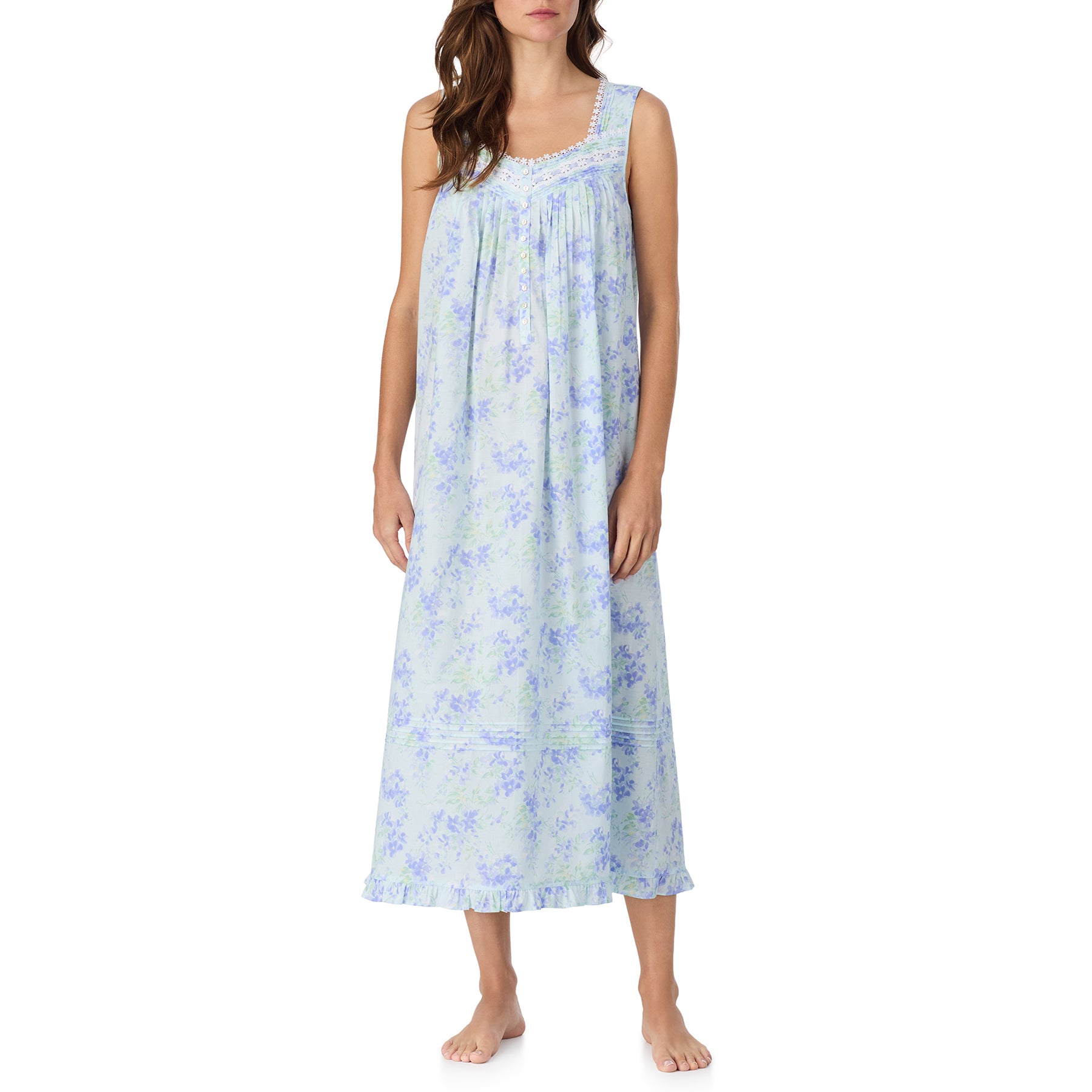 Light blue floral cotton nightgown with lace trim, sleeveless long silhouette, full front view on model
