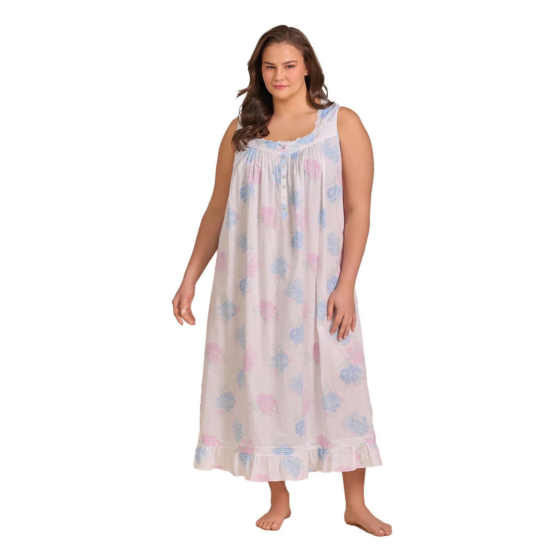 Plus size front view of pastel floral cotton nightgown with lace trim neckline and relaxed flowing fit