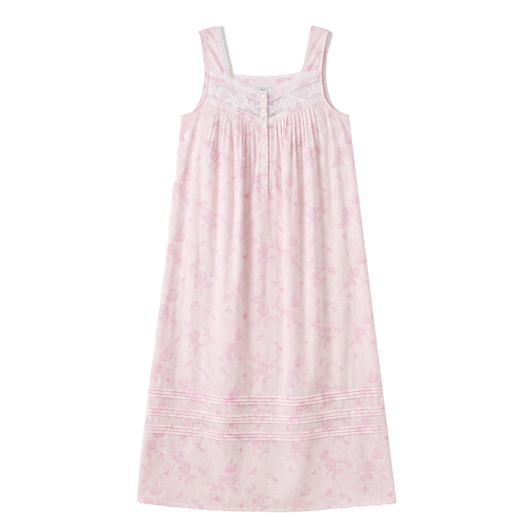 Flat layout of a sleeveless floral cotton nightgown with lace trim and button-front detail on white background.