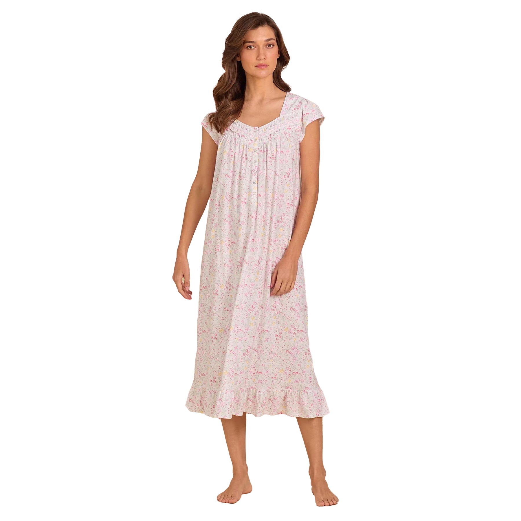 Eileen West floral cotton nightgown in soft pink print with cap sleeves, delicate pintuck details, and ruffle hem in a full-length silhouette.
