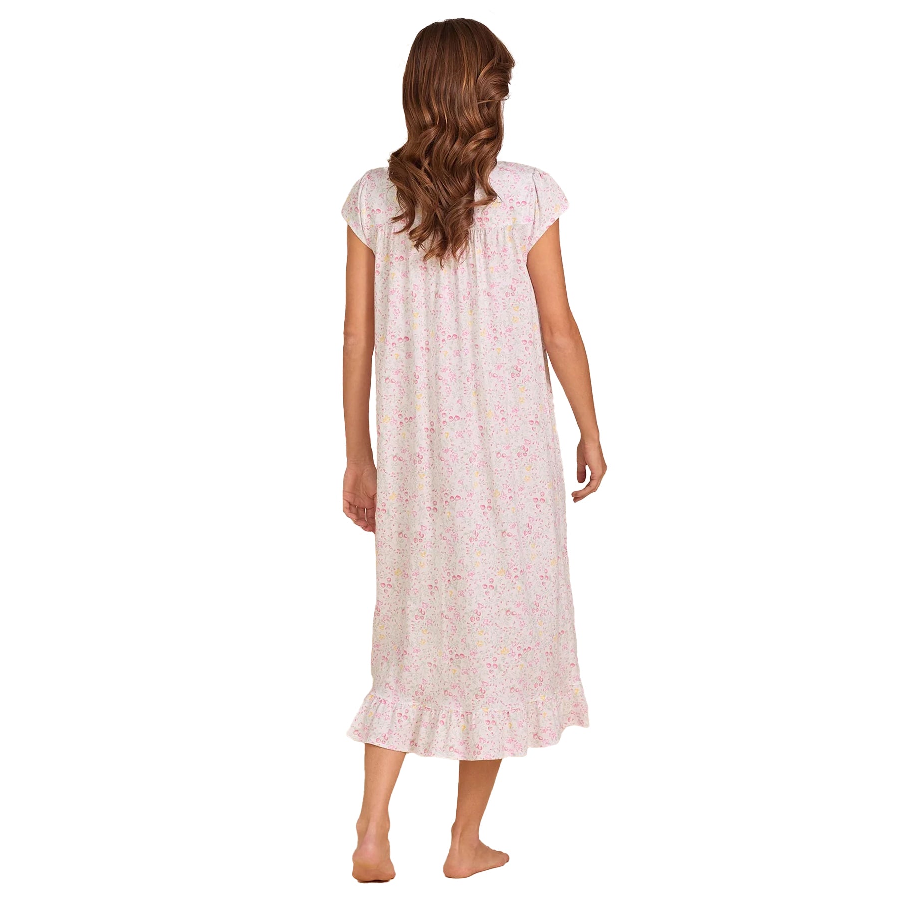Back view of Eileen West floral cotton sleep gown with cap sleeves, relaxed fit, and soft ruffle hem in pink floral print.