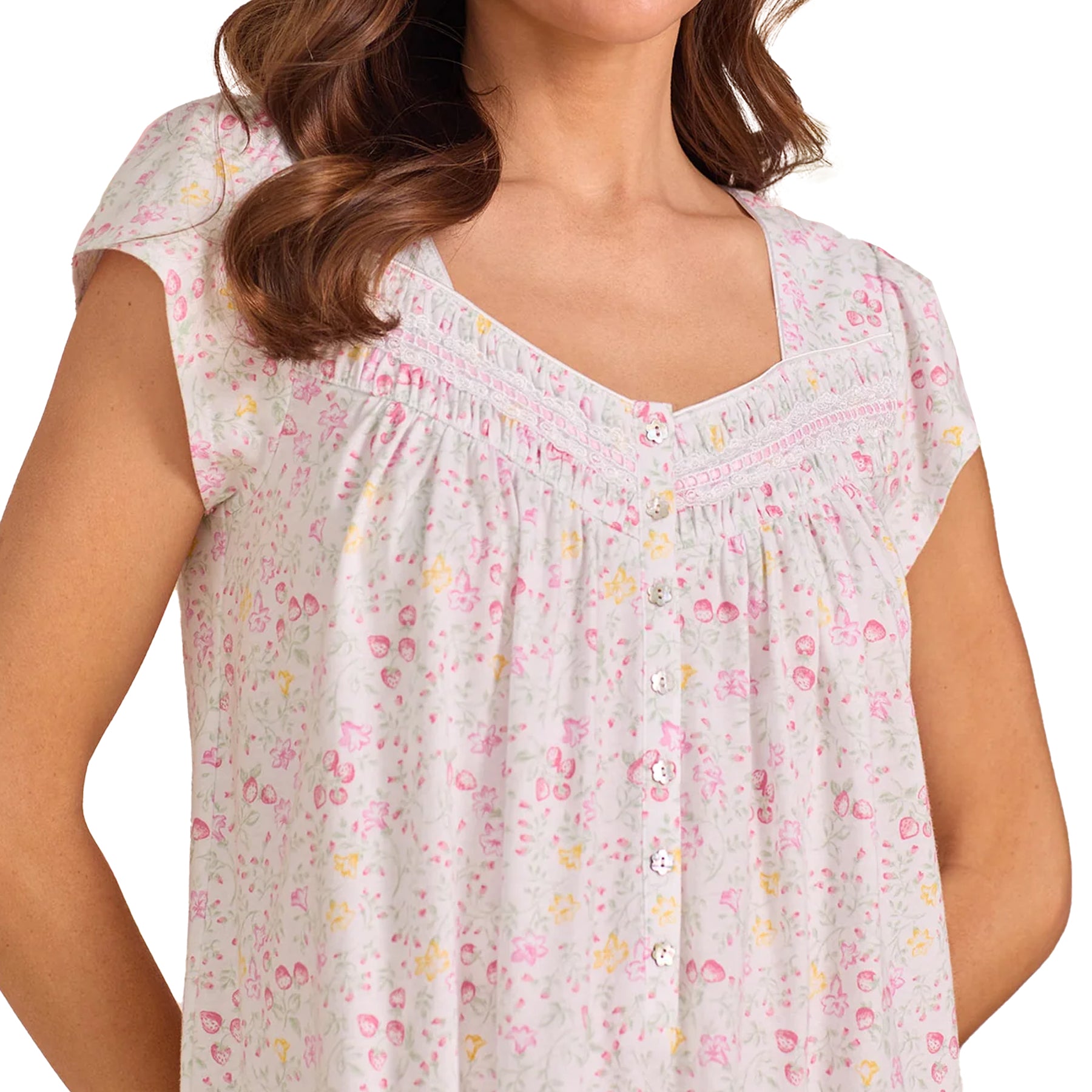 Close-up of Eileen West pink floral cotton nightgown featuring soft gathers, lace trim, and button-front neckline details.