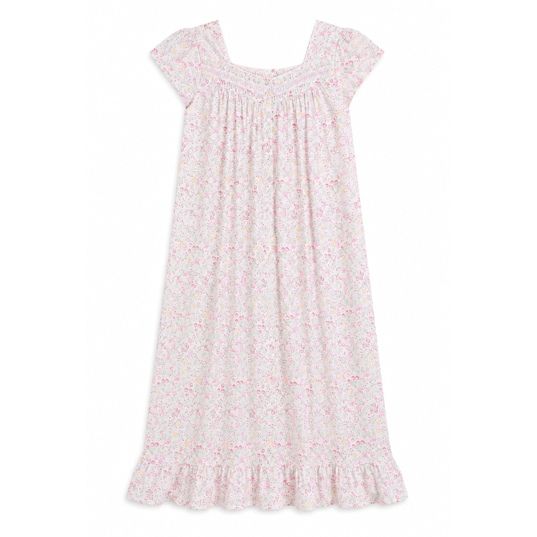 Flat lay of Eileen West pink floral nightgown with cap sleeves, delicate pintuck neckline, and romantic ruffle hem on white background.