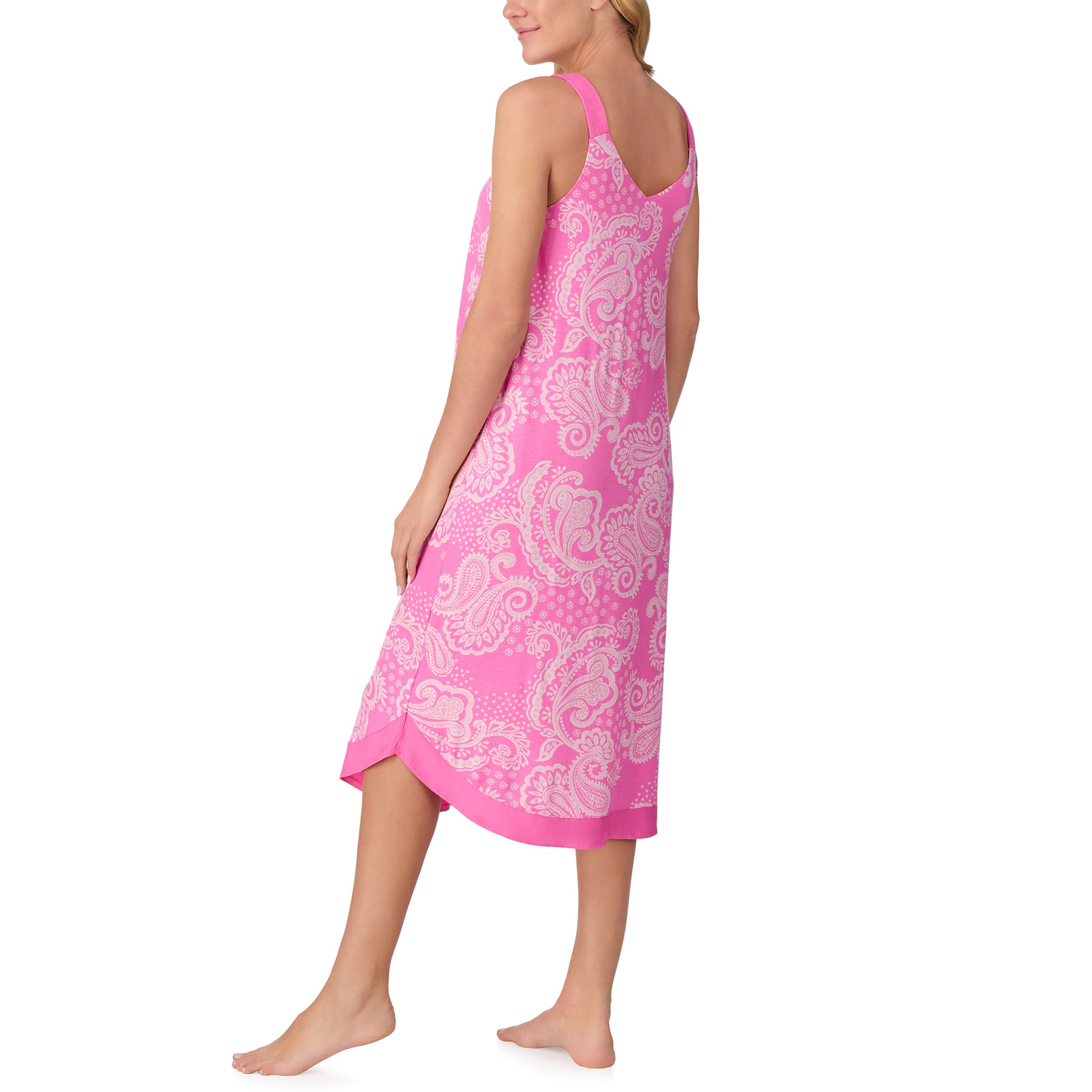 Front view of a pink paisley midi nightdress with wide straps, relaxed fit, and knee-length hem.