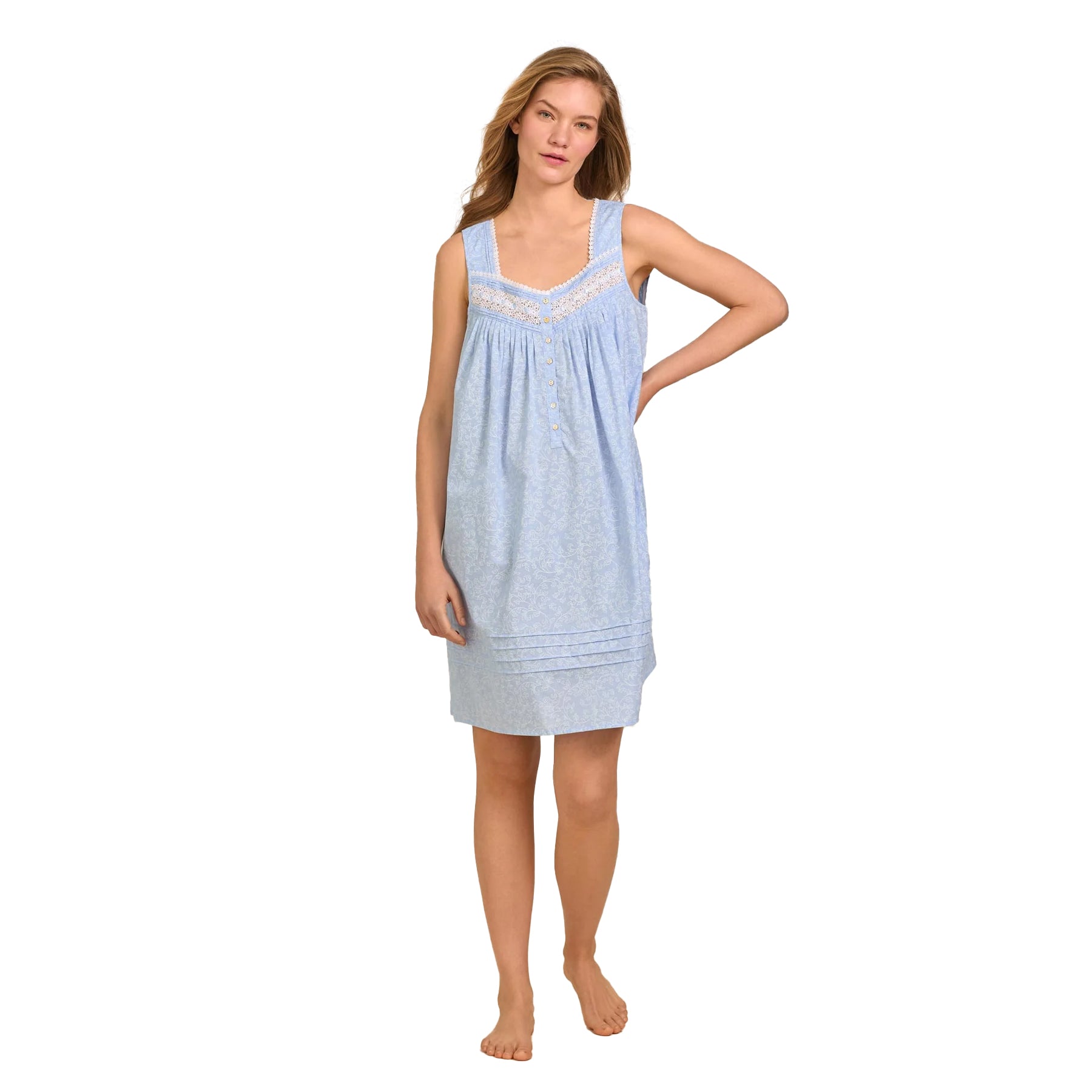 Full-length front view of sleeveless blue cotton nightgown with lace panel, button detail and relaxed fit